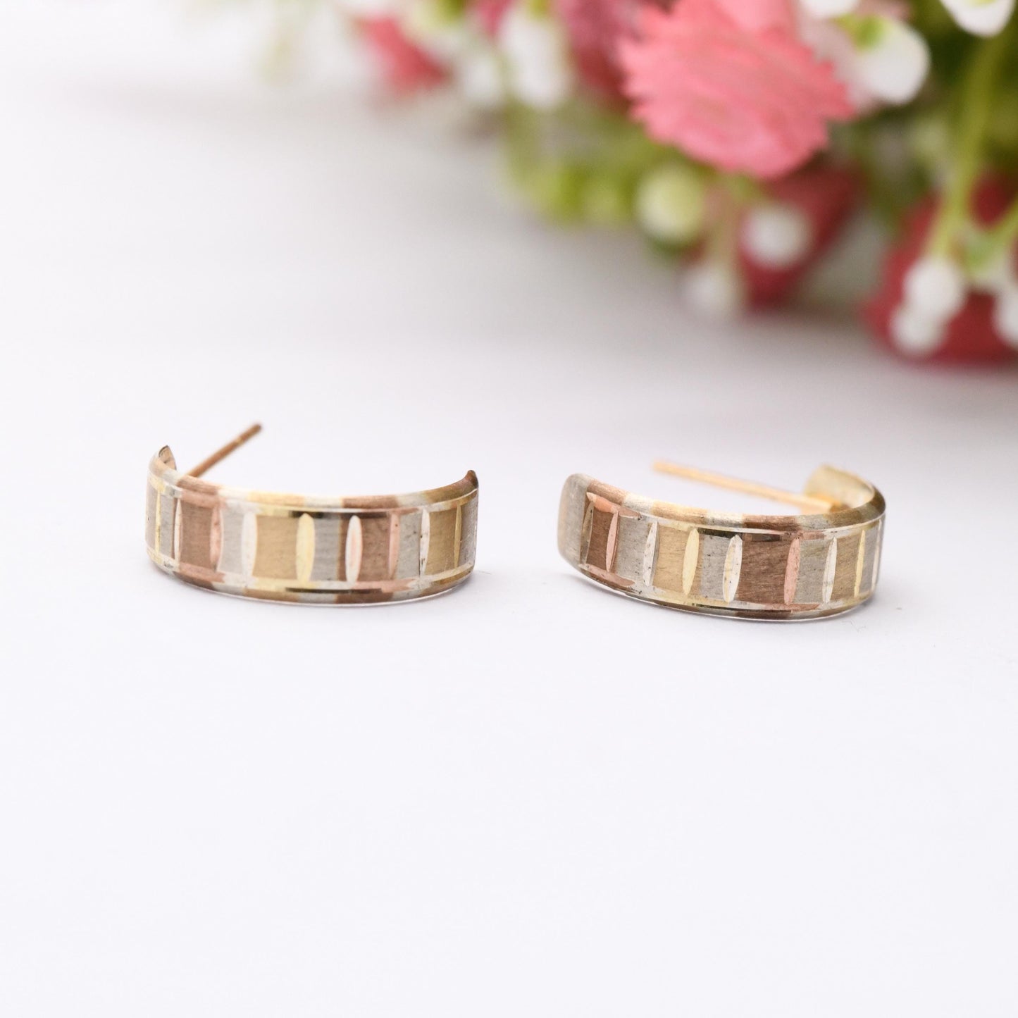 Vintage 9ct Gold Multi Tone Half Hoop Stud Earrings - Mid-Century Semi Circle Shape | Solid Gold Jewellery Gift for Her