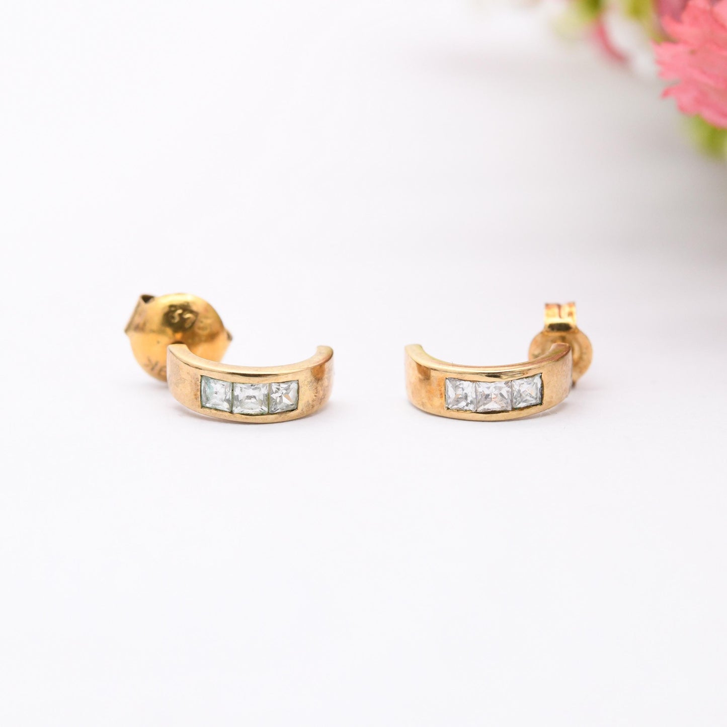 Vintage 9ct Gold Clear Stone Half Hoop Stud Earrings Mid-Century - Semi Circle | Solid Gold Jewellery Gift for Her | with Butterfly Backs