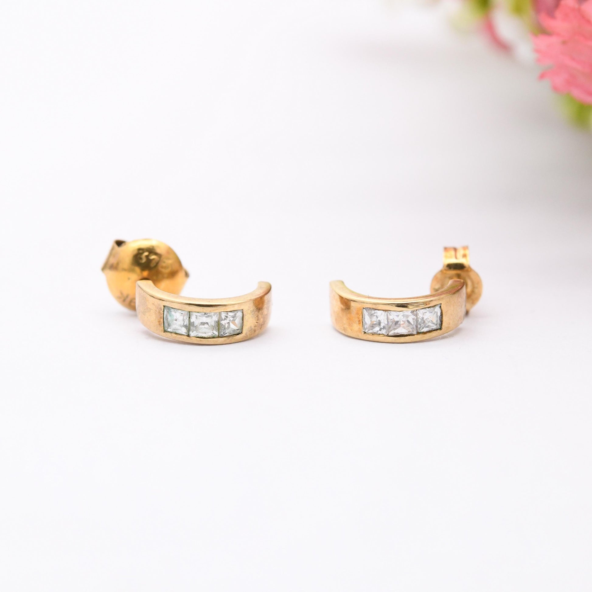 Vintage 9ct Gold Clear Stone Half Hoop Stud Earrings Mid-Century - Semi Circle | Solid Gold Jewellery Gift for Her | with Butterfly Backs