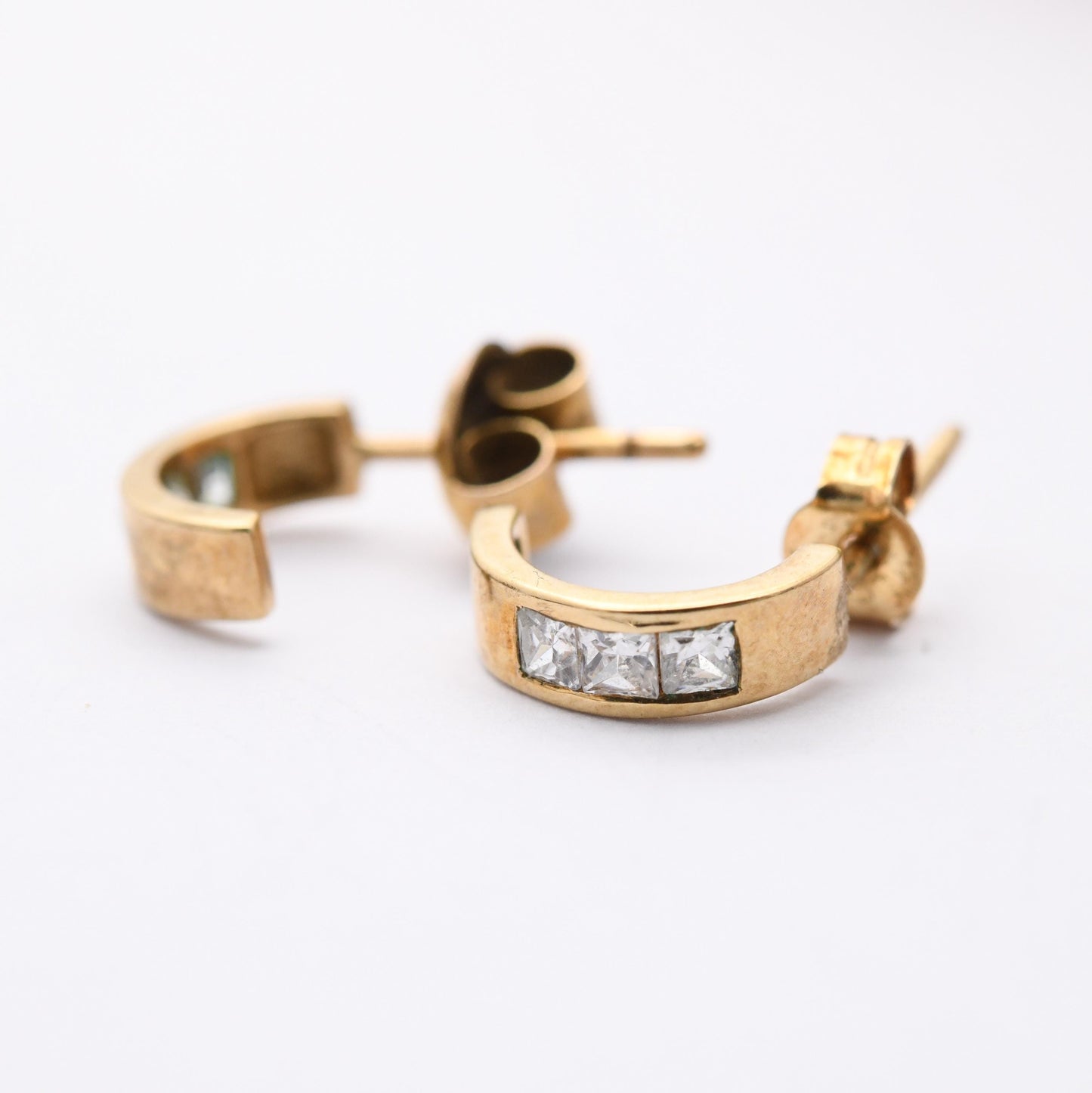Vintage 9ct Gold Clear Stone Half Hoop Stud Earrings Mid-Century - Semi Circle | Solid Gold Jewellery Gift for Her | with Butterfly Backs