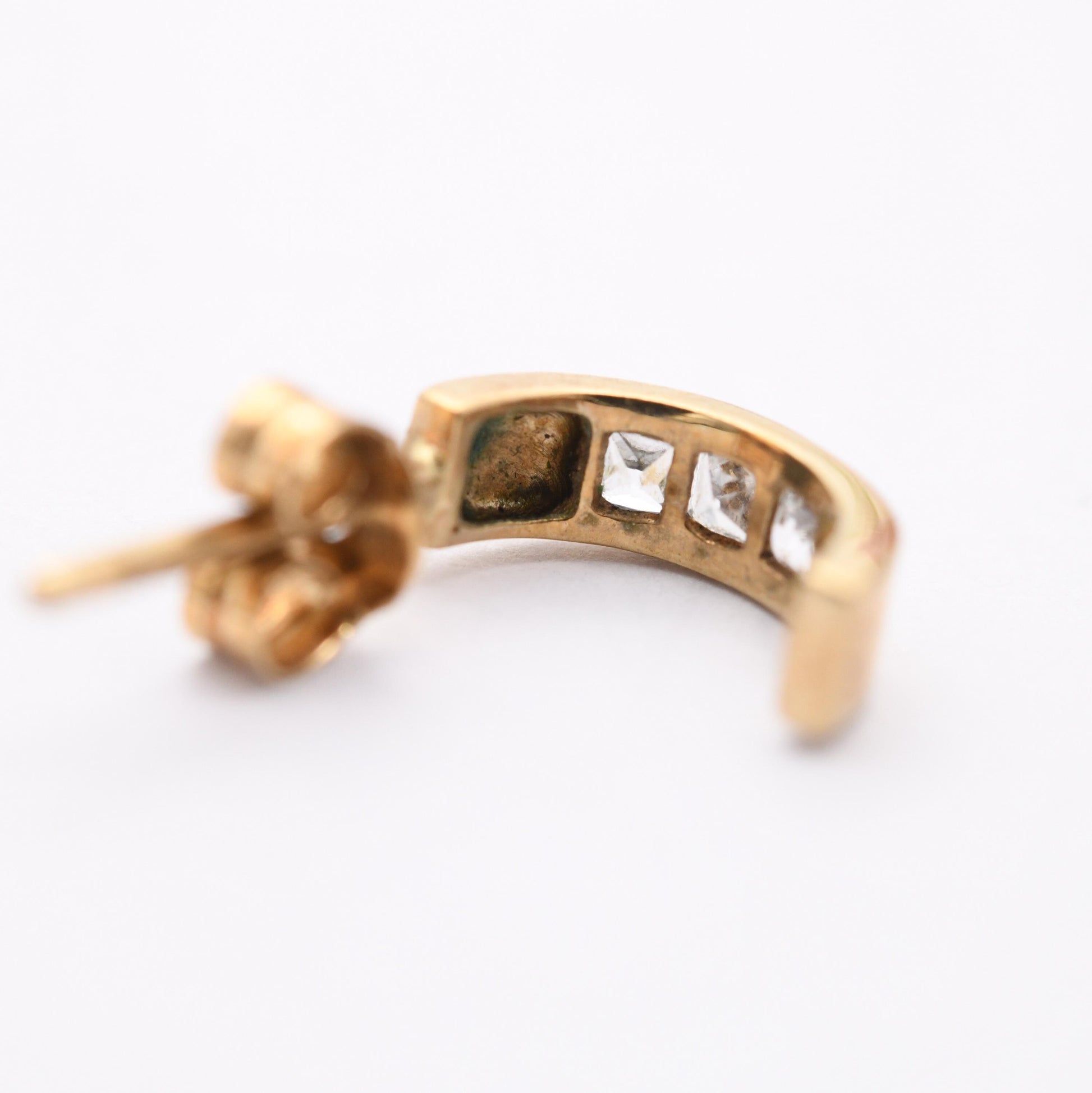 Vintage 9ct Gold Clear Stone Half Hoop Stud Earrings Mid-Century - Semi Circle | Solid Gold Jewellery Gift for Her | with Butterfly Backs