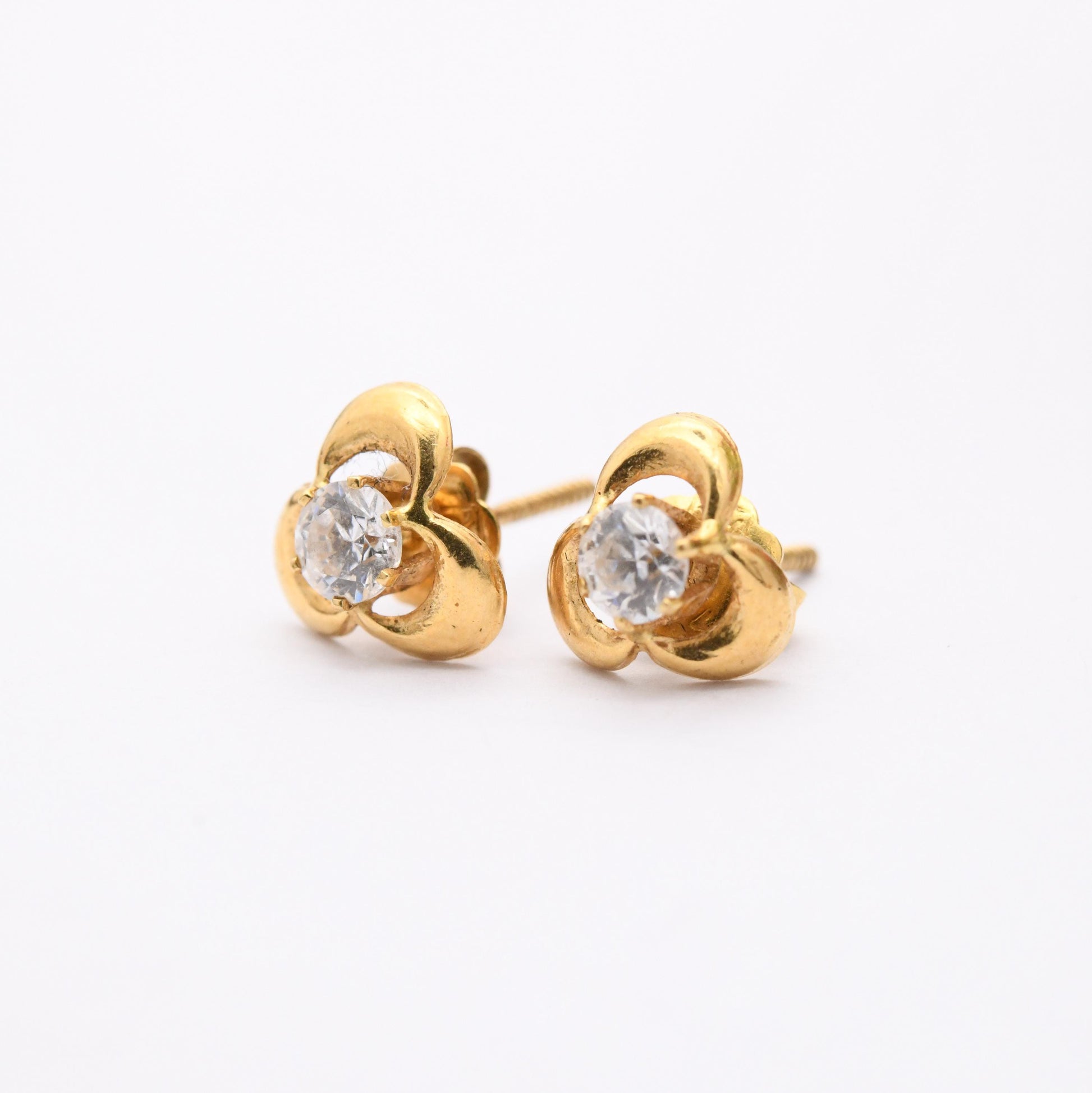 Vintage 18ct Gold Clover Stud Earrings - Three Leaf Lucky Clover | Set with White Gemstones | Butterfly Backs | Gift for Her