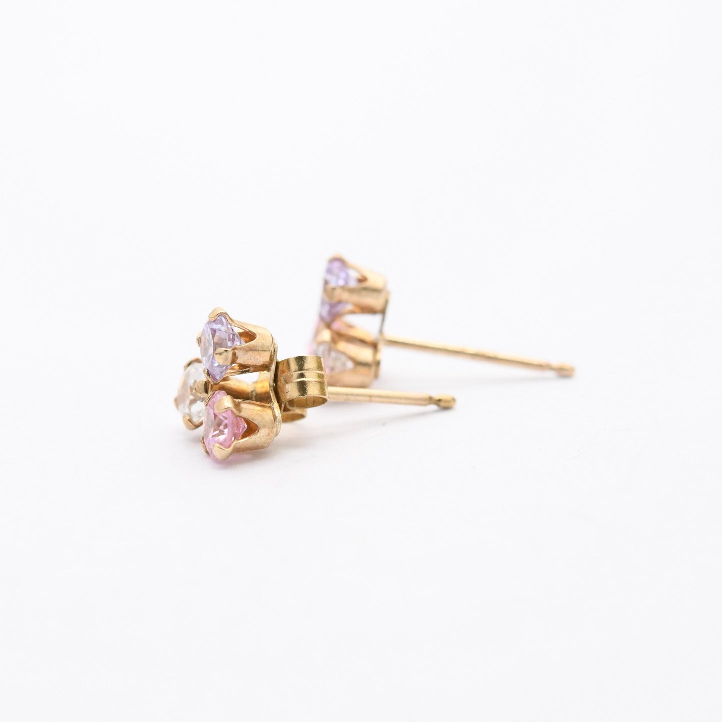 Vintage 9ct Gold Clover Stud Earrings - Set with White Pink and Blue Gemstones | Three Leaf Lucky Clover | Butterfly Backs | Solid Gold