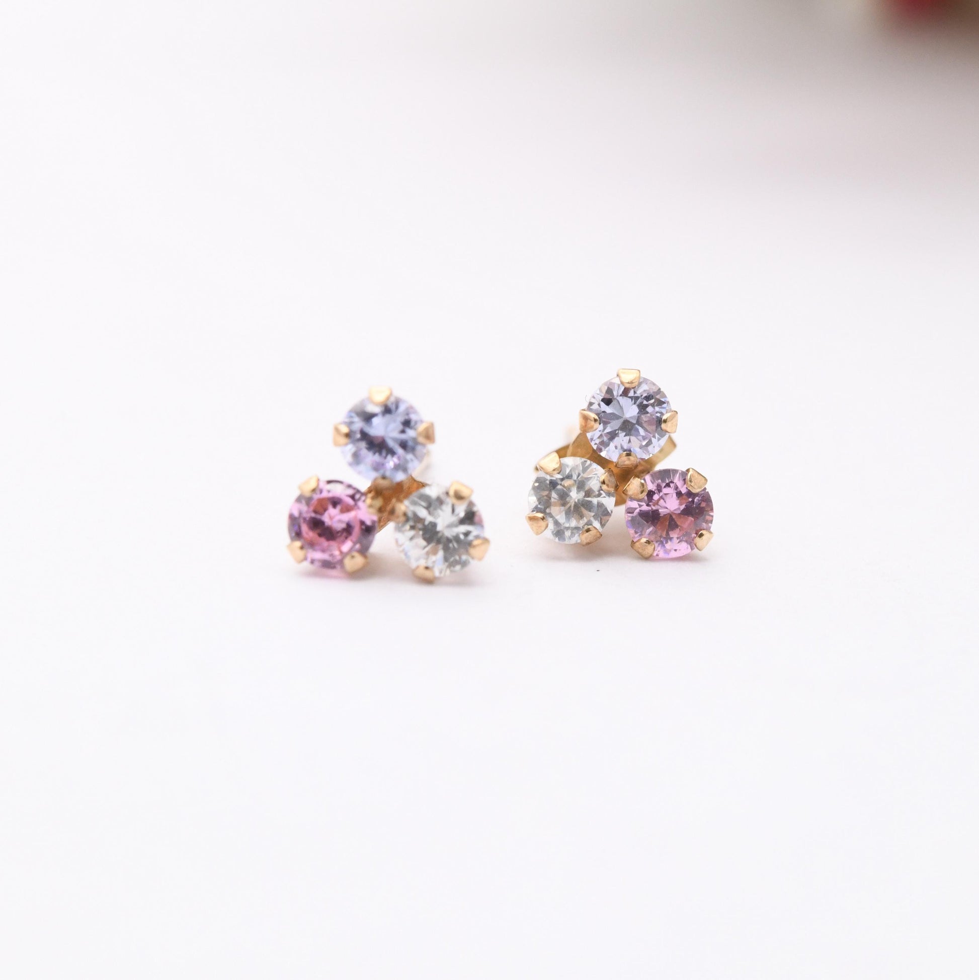 Vintage 9ct Gold Clover Stud Earrings - Set with White Pink and Blue Gemstones | Three Leaf Lucky Clover | Butterfly Backs | Solid Gold