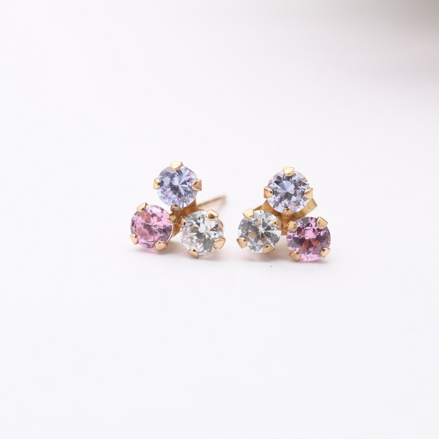 Vintage 9ct Gold Clover Stud Earrings - Set with White Pink and Blue Gemstones | Three Leaf Lucky Clover | Butterfly Backs | Solid Gold
