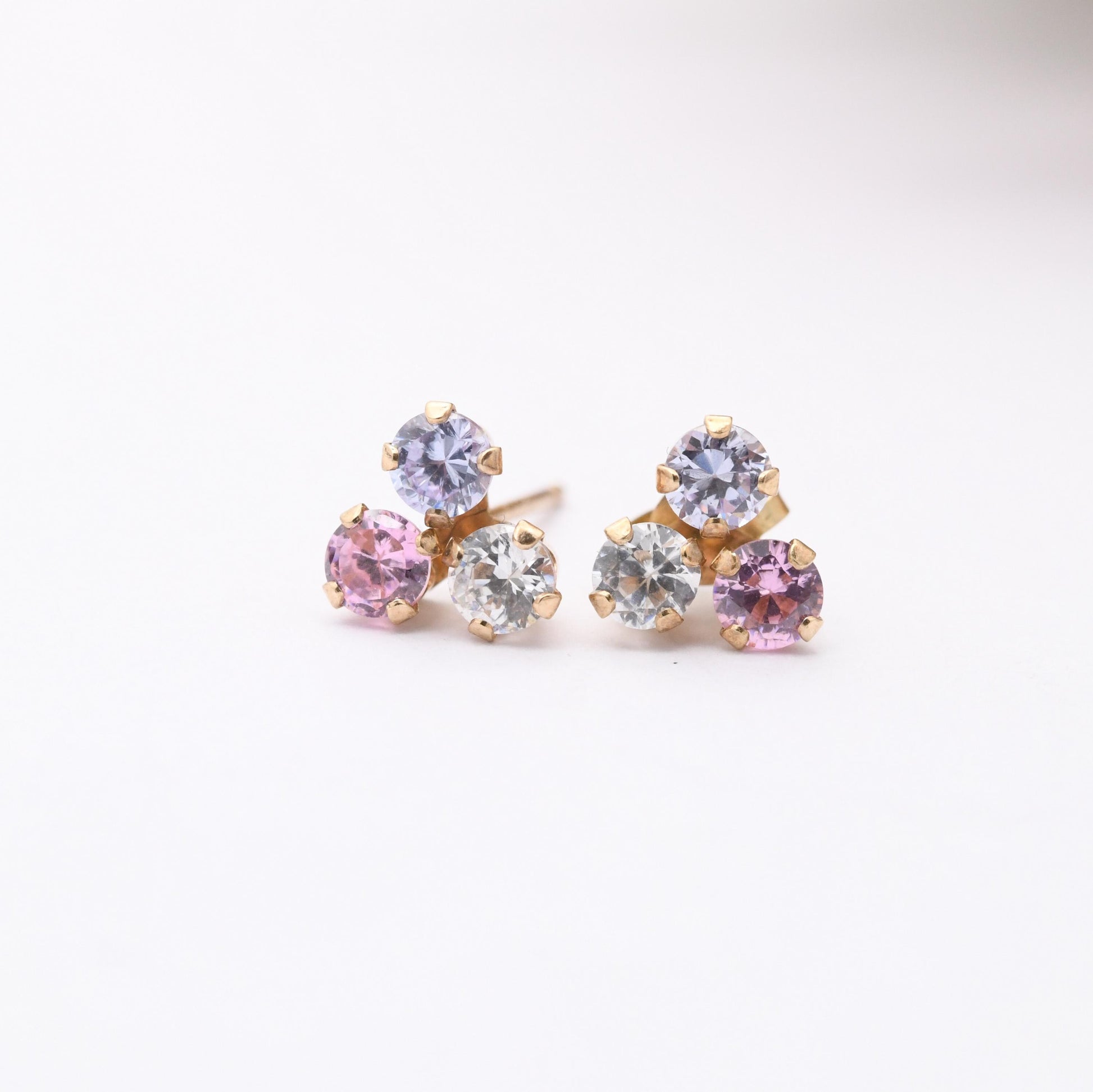 Vintage 9ct Gold Clover Stud Earrings - Set with White Pink and Blue Gemstones | Three Leaf Lucky Clover | Butterfly Backs | Solid Gold