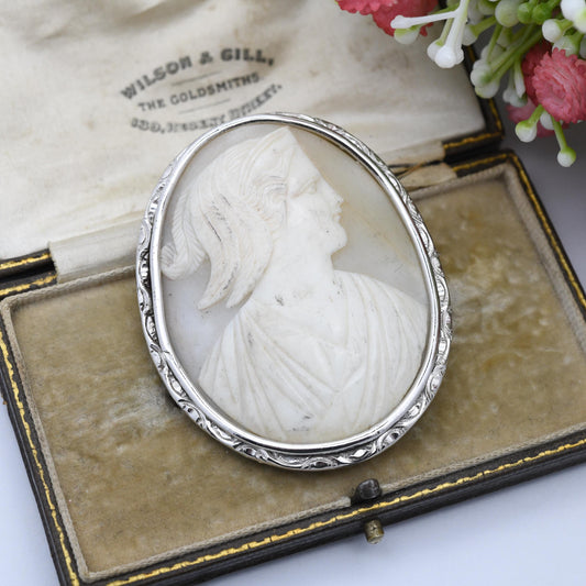 Antique Carved Shell Cameo Brooch c. 1900 - Large Sized Woman Profile Portrait