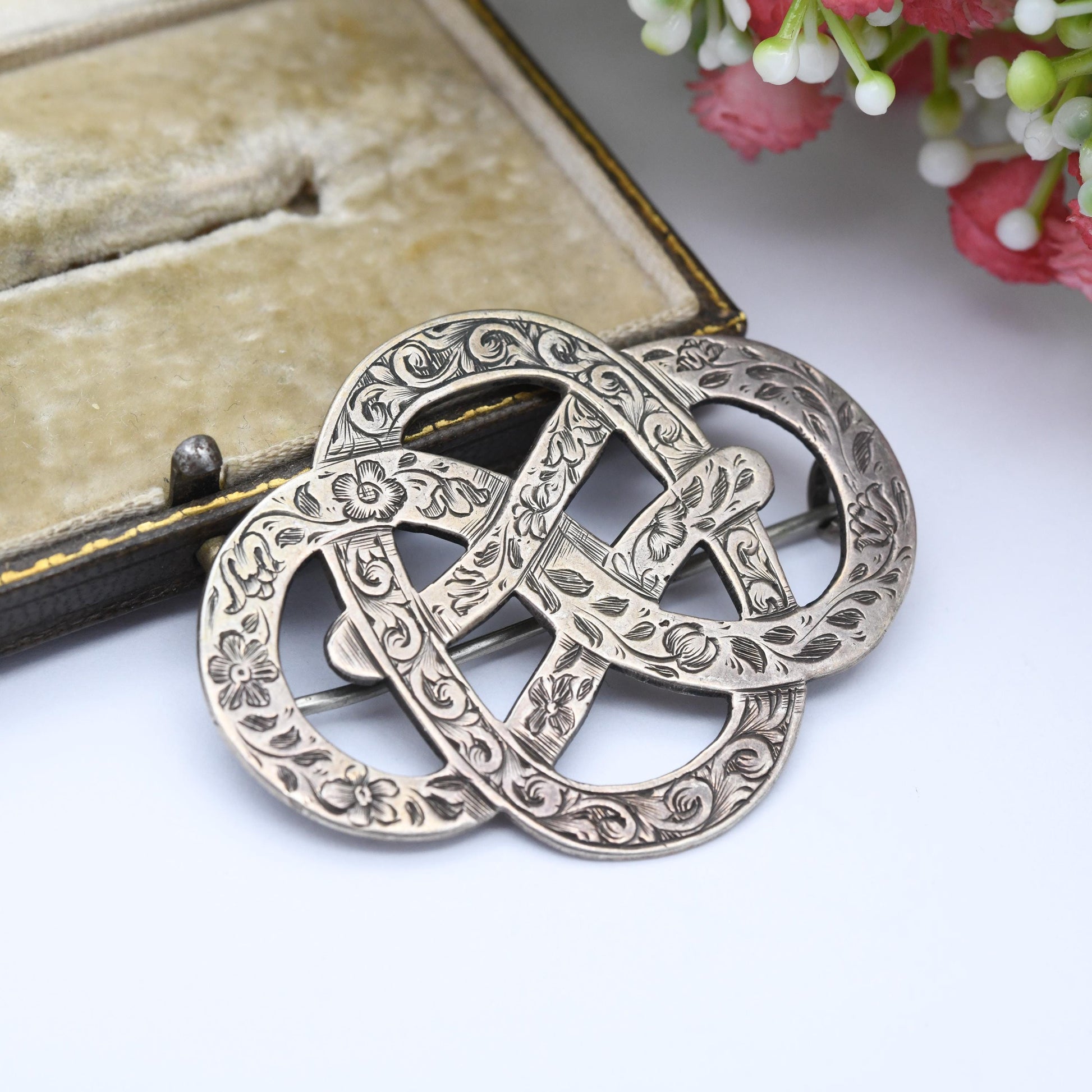 Antique Victorian Sterling Silver Lovers Knot Brooch Hand Engraved with Flowers - Large Victorian Aesthetic Movement Infinity Design