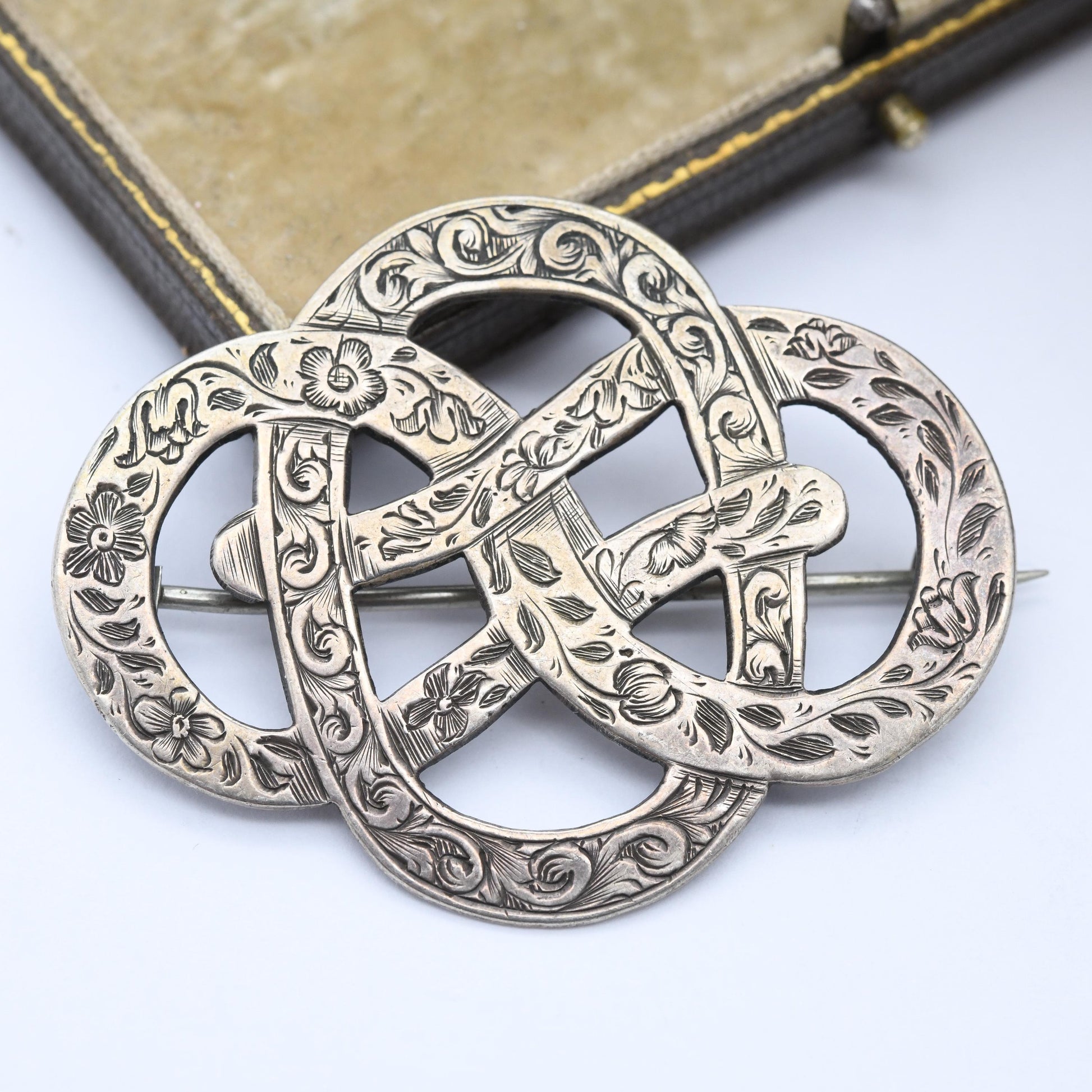 Antique Victorian Sterling Silver Lovers Knot Brooch Hand Engraved with Flowers - Large Victorian Aesthetic Movement Infinity Design