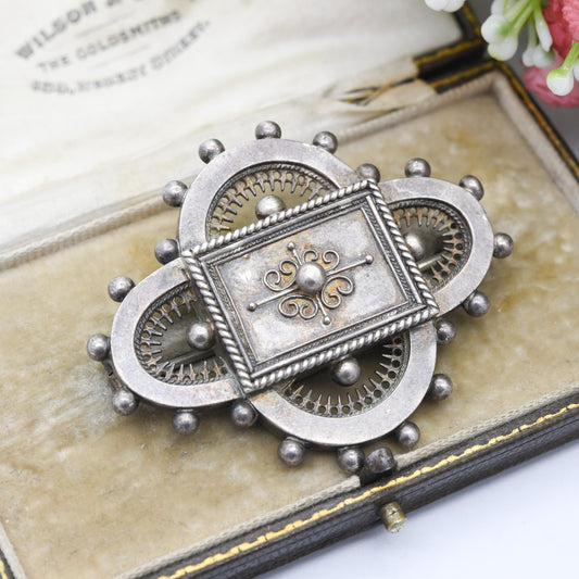 Antique Victorian Granulated Sterling Silver Brooch - Large Size Victorian Etruscan Revival Jewellery | Quatrefoil Shape Beaded Edge