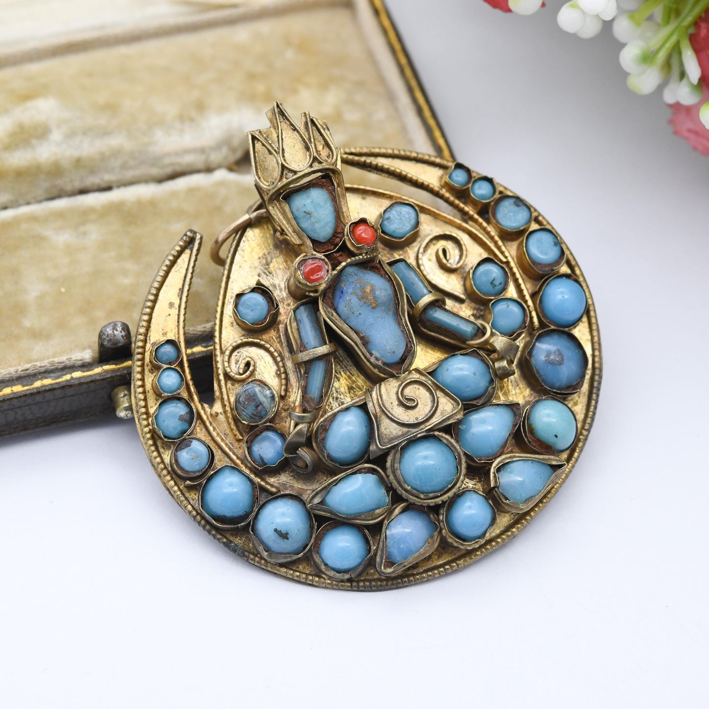 Antique Nepalese Turquoise Pendant Buddhist Deity God Figure c. 1800s - Carved Gemstone Face | Coral Earrings