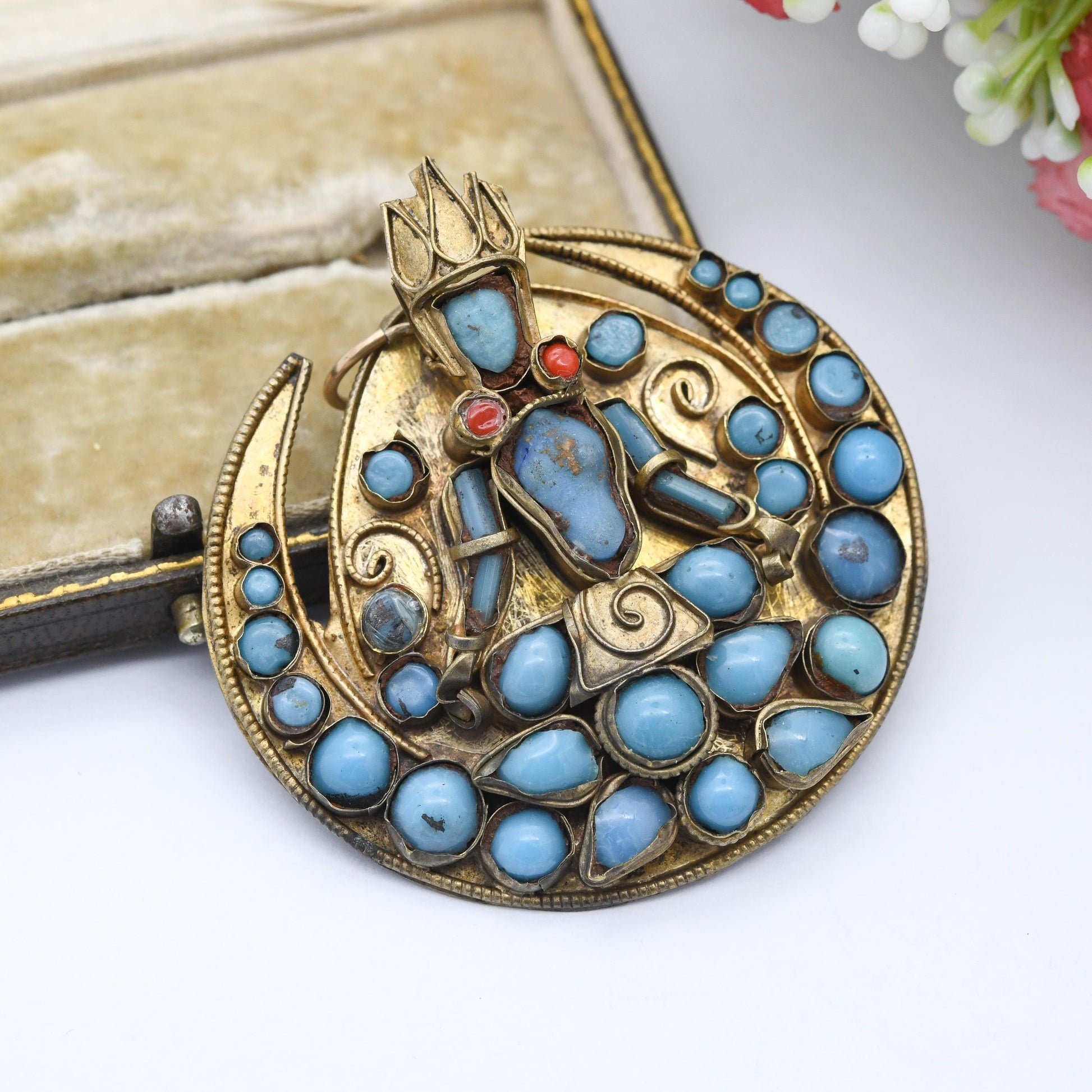 Antique Nepalese Turquoise Pendant Buddhist Deity God Figure c. 1800s - Carved Gemstone Face | Coral Earrings