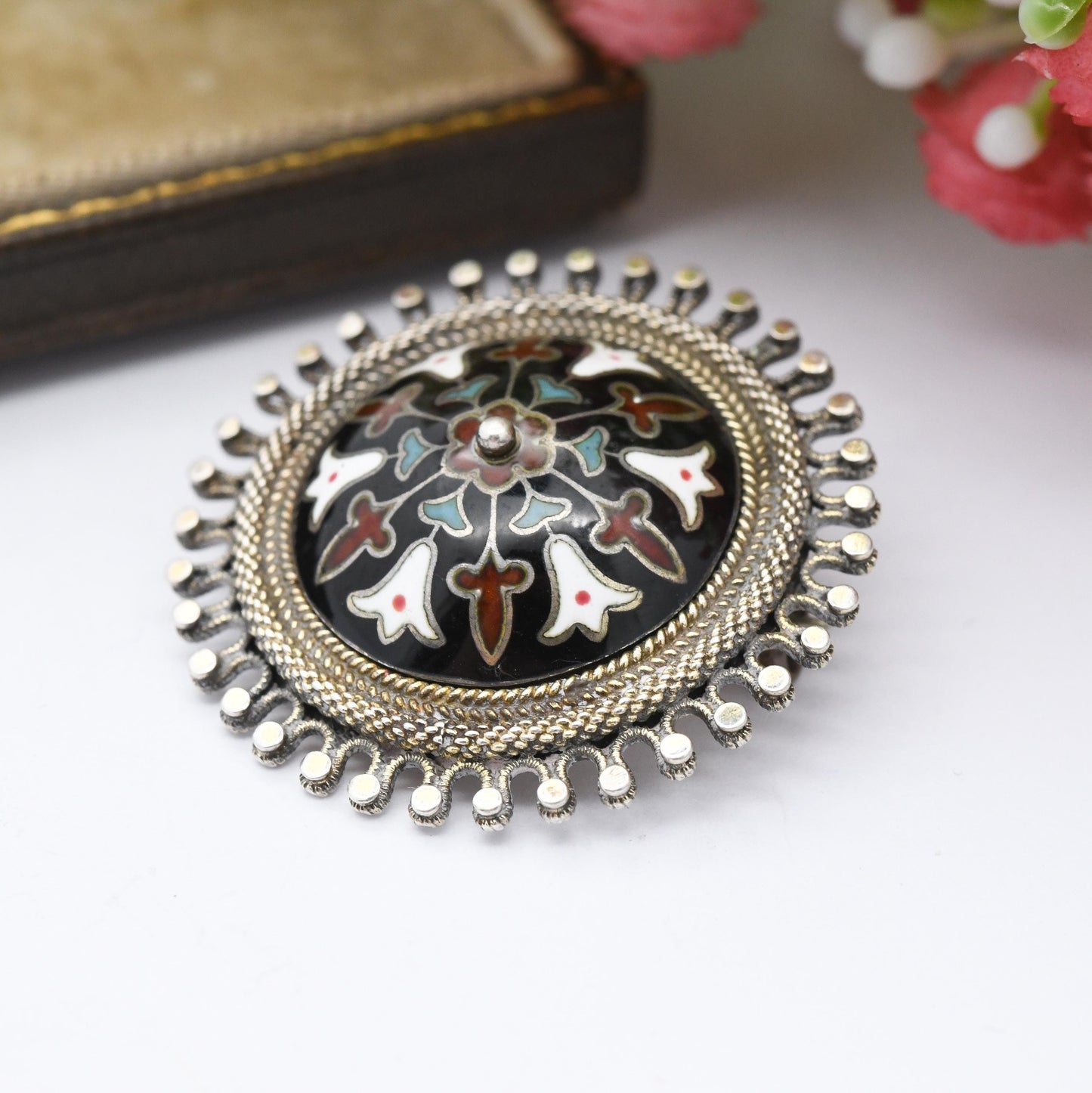 Antique Norwegian Silver Champlevé Enamel Brooch c. 1910s - Domed Circle Shape | Collectable Edwardian Era Scandinavian Silver Jewellery