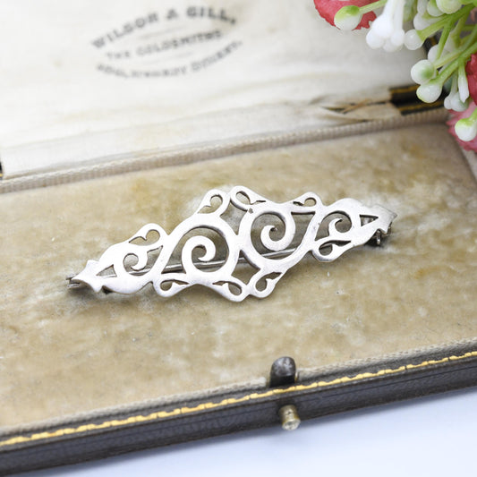 Vintage Sterling Silver Openwork Scrolling Bar Brooch c. 1990s