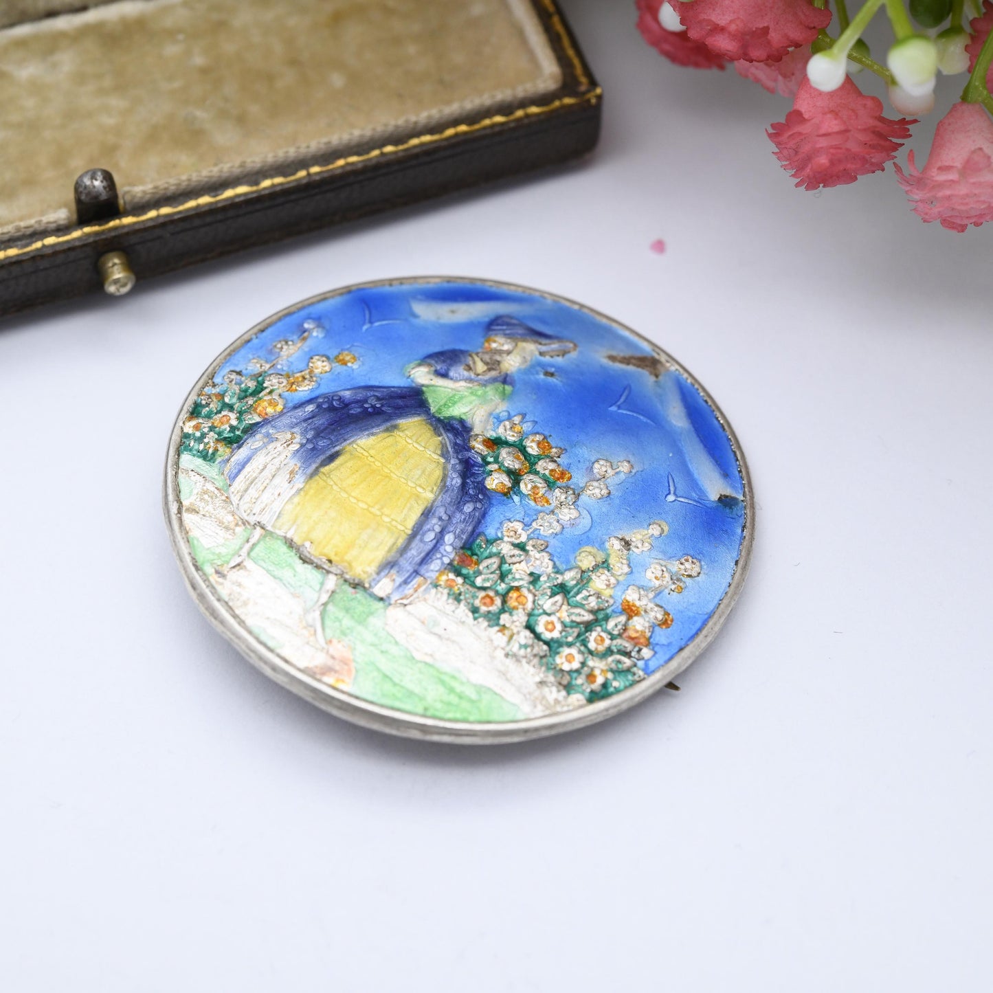 Vintage Sterling Silver Enamel Crinoline Lady Brooch 1947 FJM & Co - Large Round Rural Scene | Little Bo Peep Girl