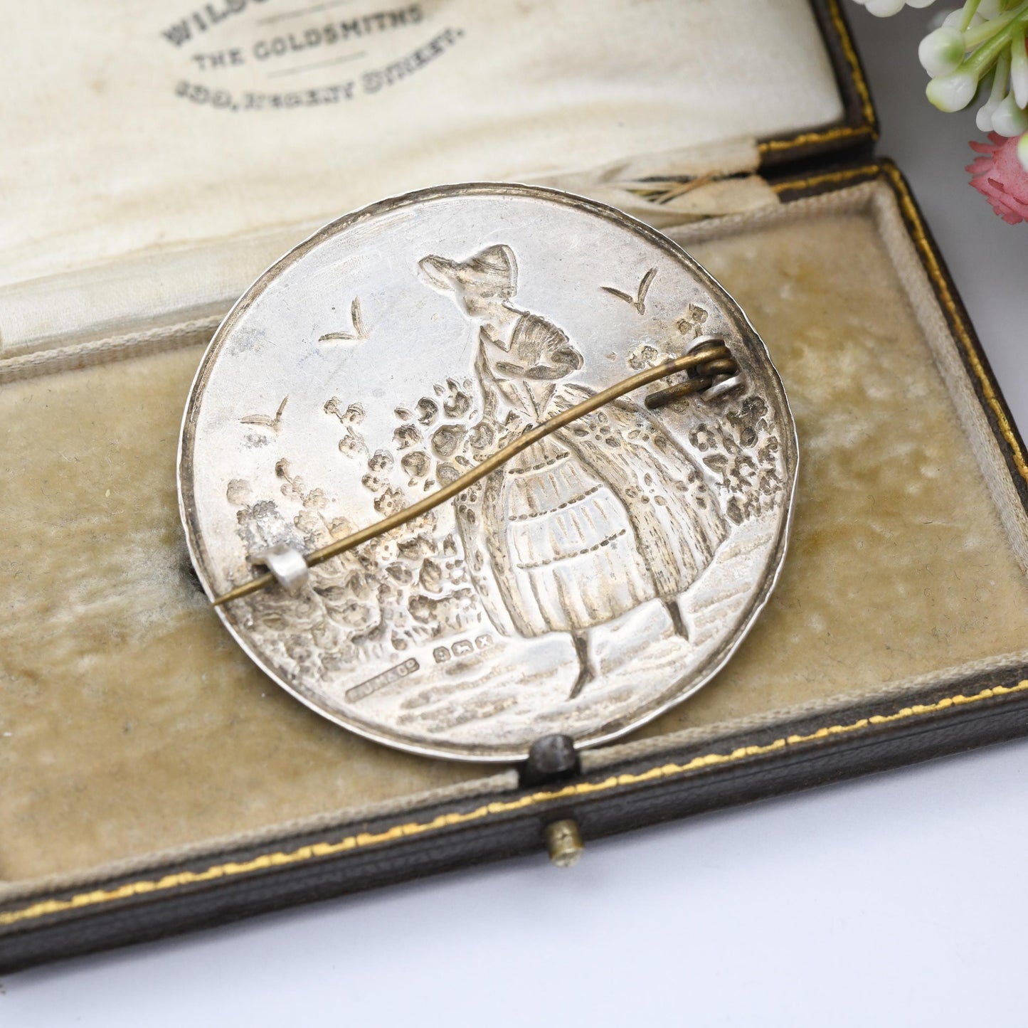 Vintage Sterling Silver Enamel Crinoline Lady Brooch 1947 FJM & Co - Large Round Rural Scene | Little Bo Peep Girl