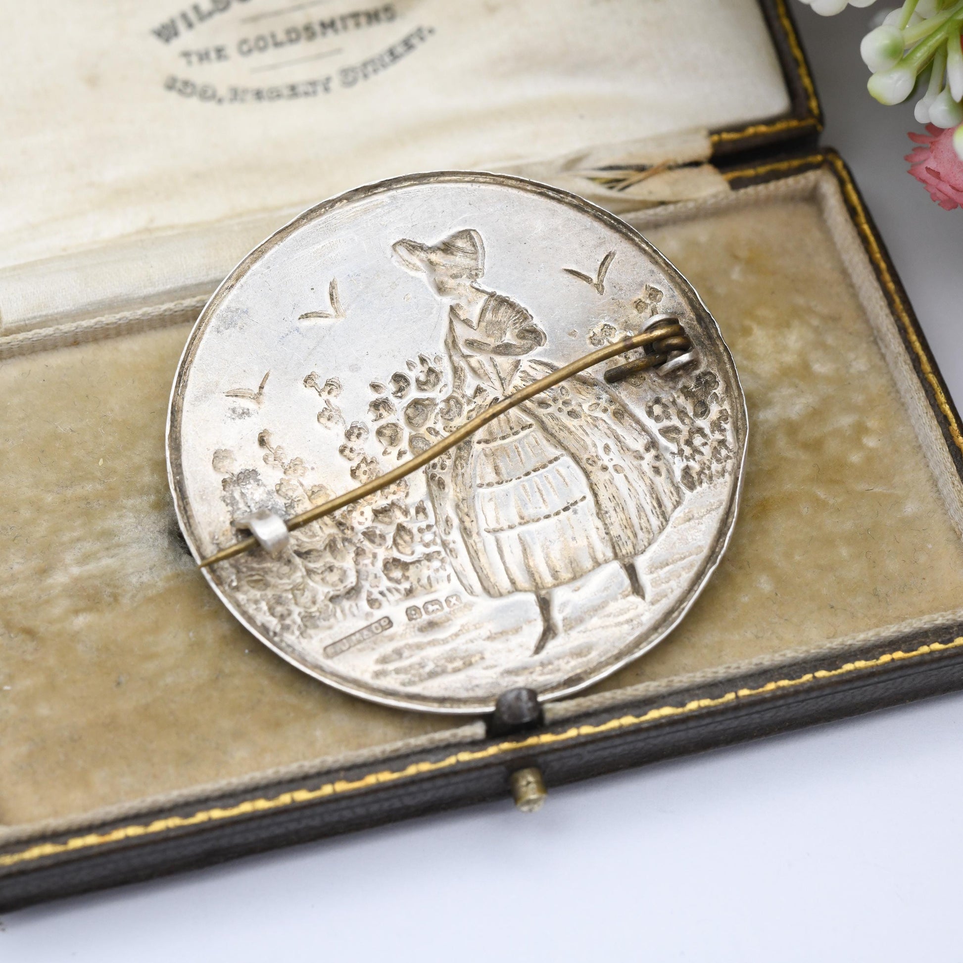 Vintage Sterling Silver Enamel Crinoline Lady Brooch 1947 FJM & Co - Large Round Rural Scene | Little Bo Peep Girl