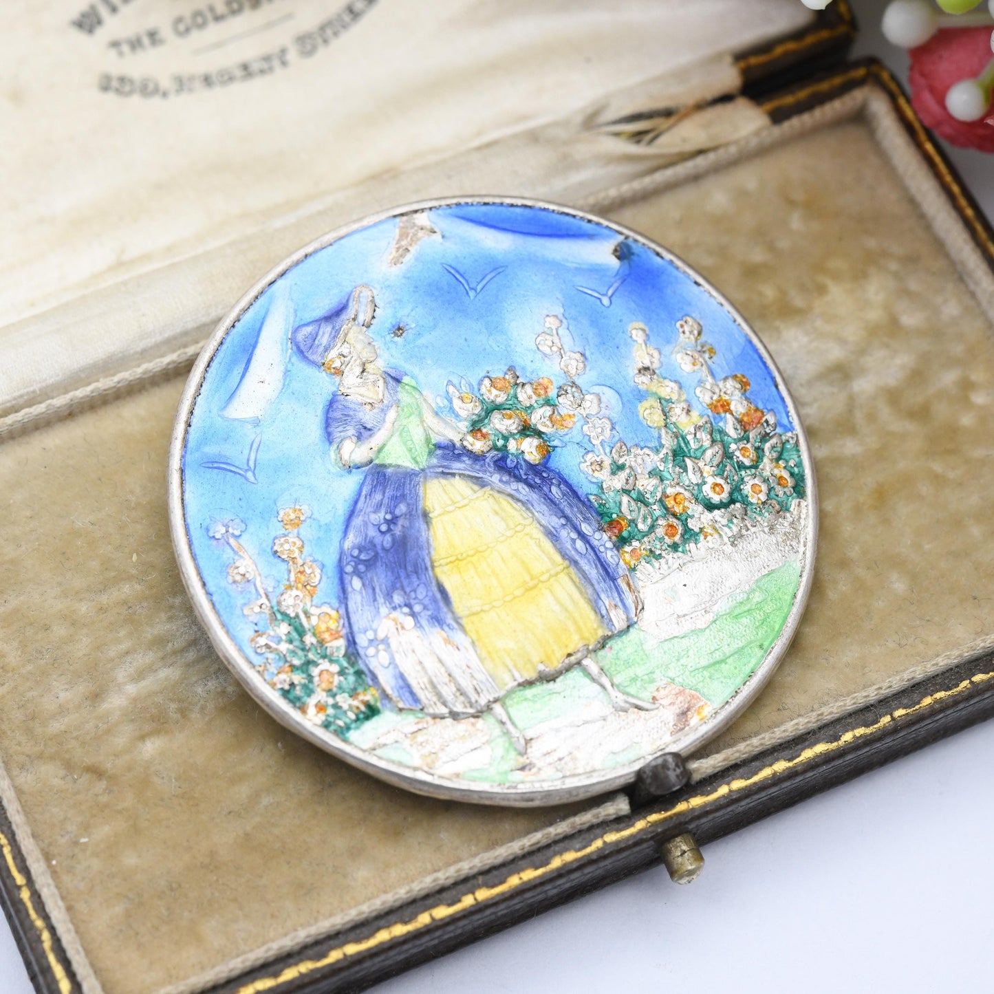 Vintage Sterling Silver Enamel Crinoline Lady Brooch 1947 FJM & Co - Large Round Rural Scene | Little Bo Peep Girl