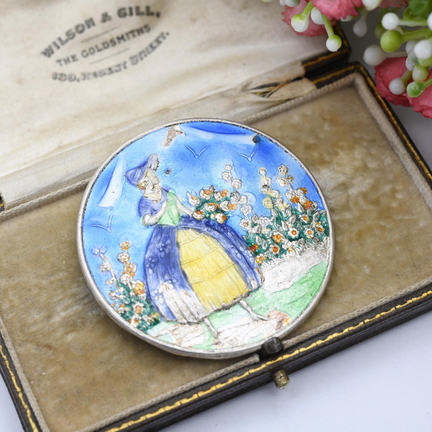 Vintage Sterling Silver Enamel Crinoline Lady Brooch 1947 FJM & Co - Large Round Rural Scene | Little Bo Peep Girl