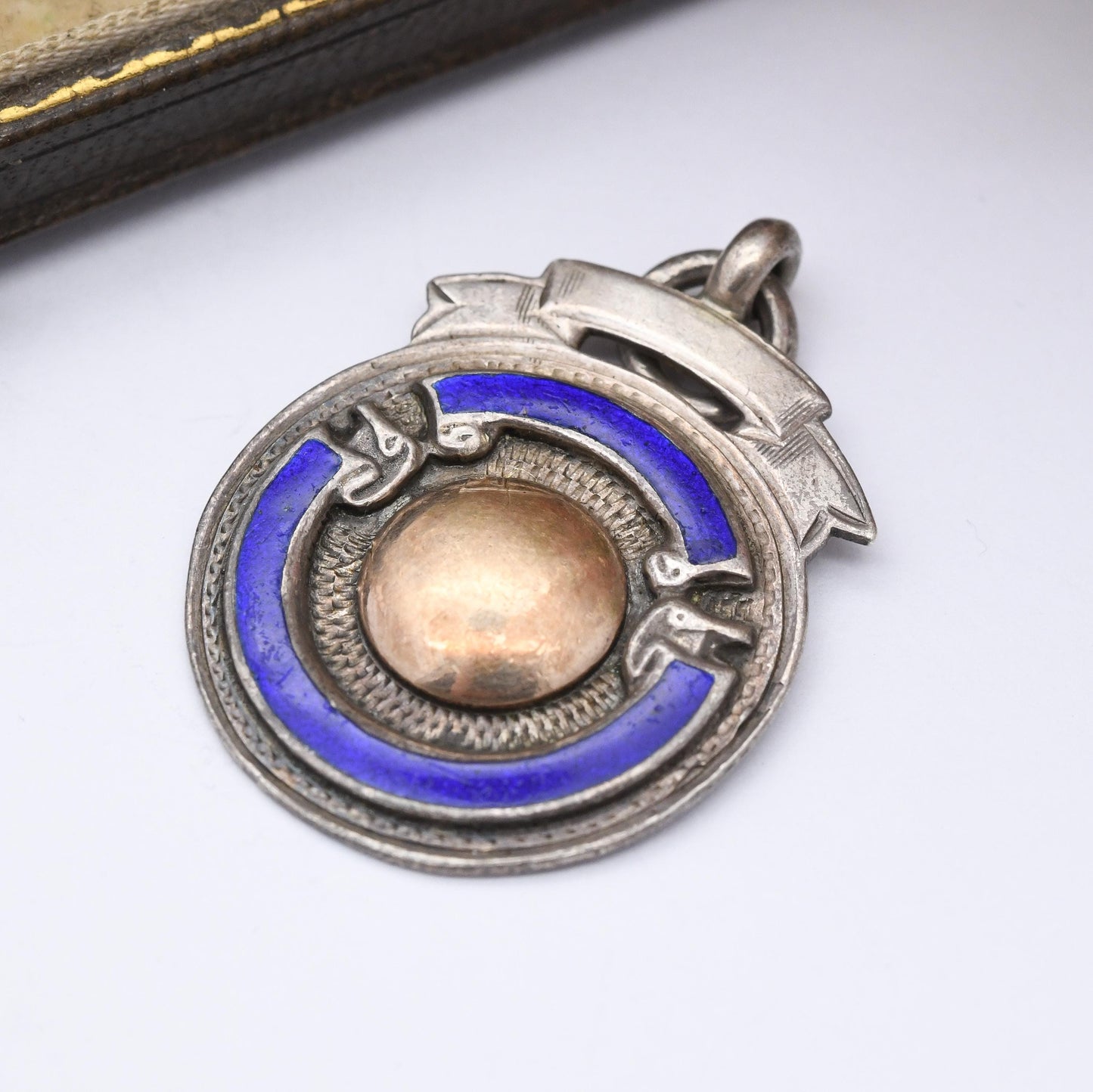Vintage Sterling Silver Watch Fob Pendant with Rose Gold Front 1927 - with Blue Enamel | Blank for Engraving | UK Hallmarks
