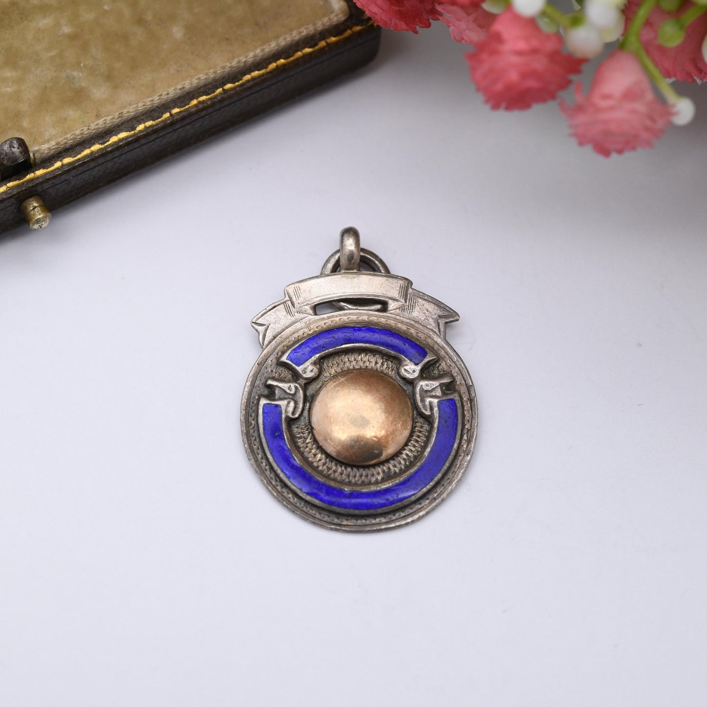 Vintage Sterling Silver Watch Fob Pendant with Rose Gold Front 1927 - with Blue Enamel | Blank for Engraving | UK Hallmarks