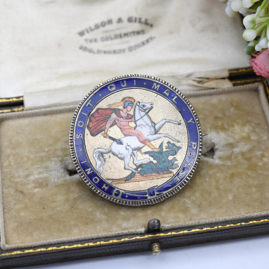 Antique Enamelled George III Crown Coin Brooch - Sterling Silver Enamel Coin Jewellery | George and the Dragon | Honi Soit Qui Mal Y Pense