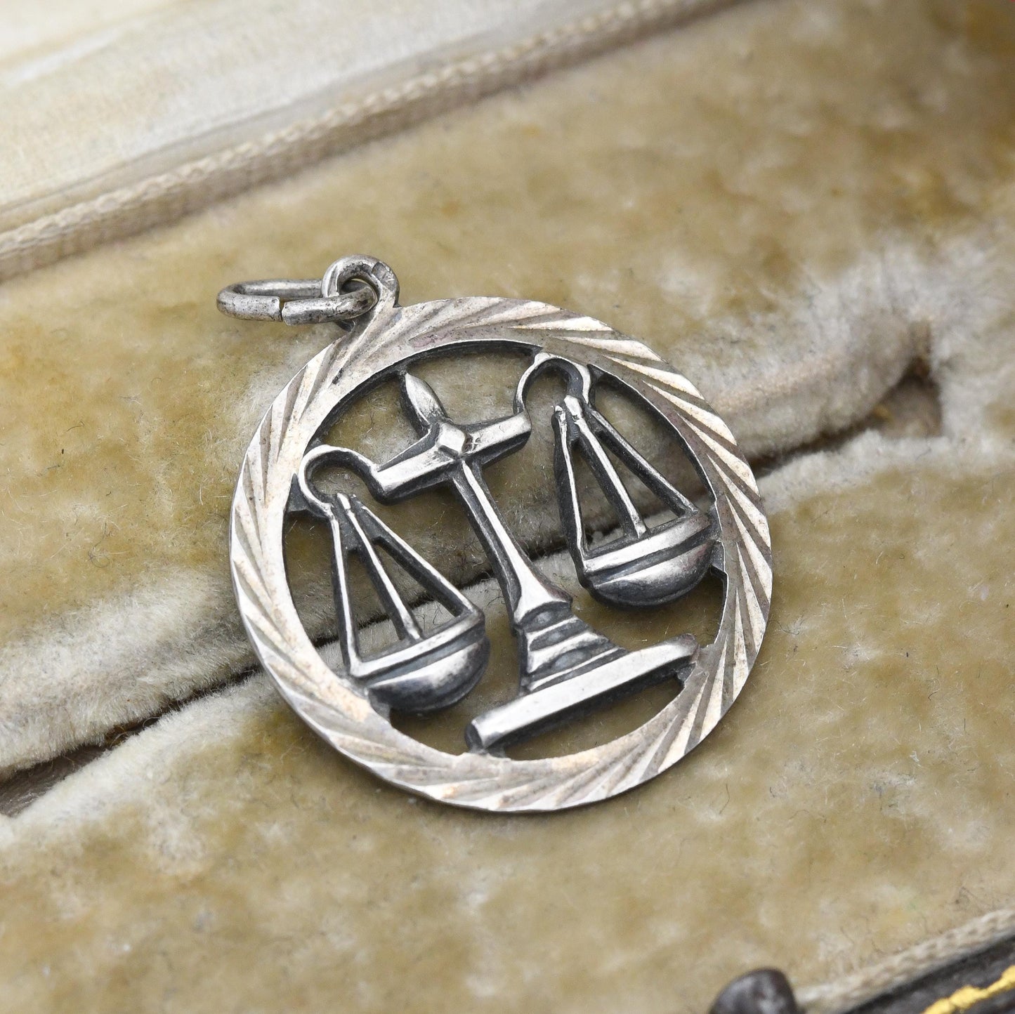 Vintage Silver Libra Pendant - Openwork Traditional Scales Astrological Zodiac Star Sign Symbol Mid-Century September October Birthday Gift