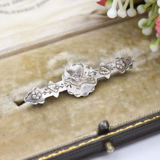 Antique Victorian Sterling Silver Aesthetic Movement Bird Brooch 1896 by Waltham Watch Co. - Hand Engraved Flowers Design Nature Jewellery