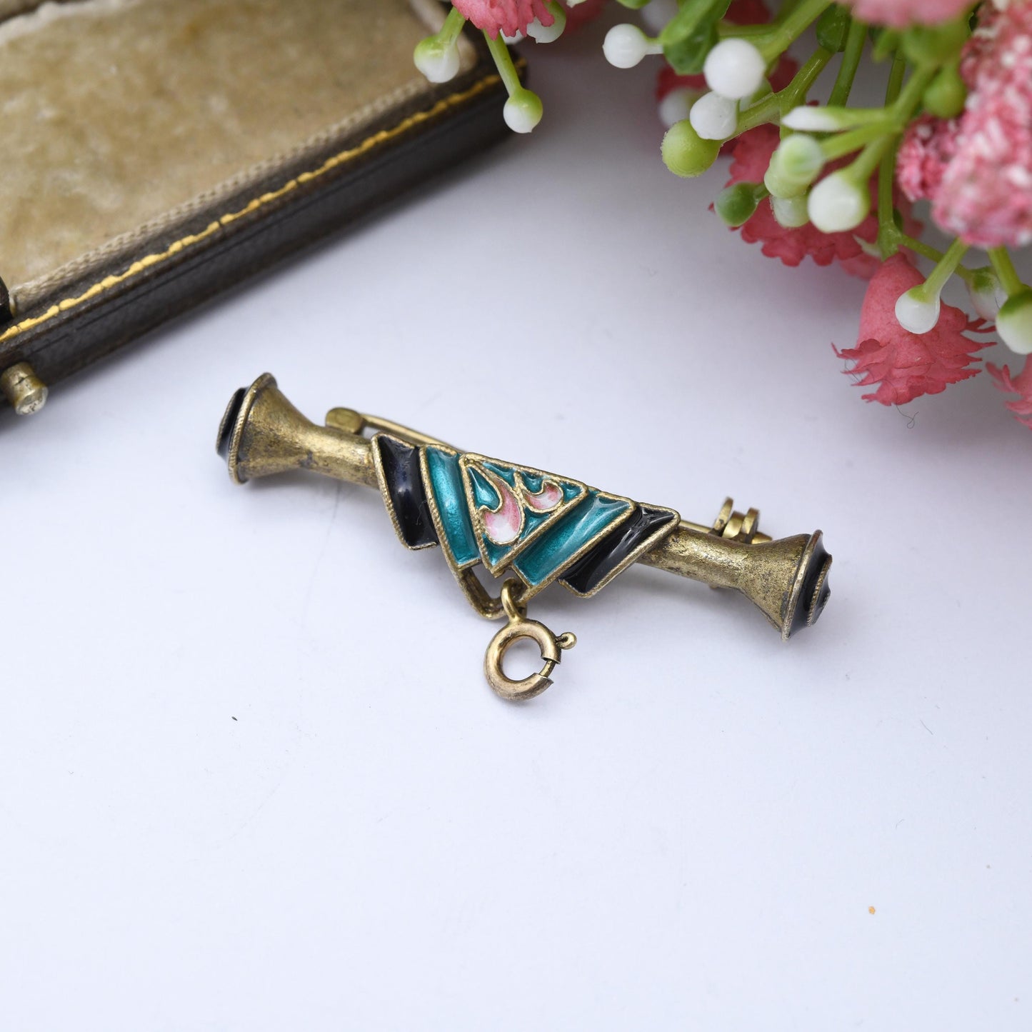 Vintage Enamel Sterling Silver Bar Brooch Pendant Holder Gold Plated - Eastern European Green and Black with Pink Leaves | Cyrillic Hallmark