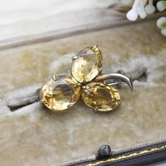 Antique Victorian Citrine Shamrock Brooch Silver Gilt - Three Leaf Faceted Gemstone Pin