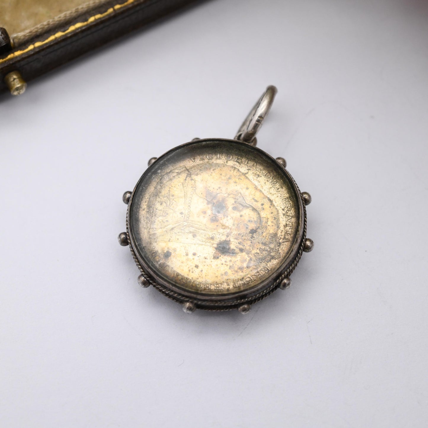 Antique Victorian Silver Coin Fob Pendant 1887 Shilling in Glass Locket Mount 1900 - Rope Twist and Granulated Edges Nautical Style