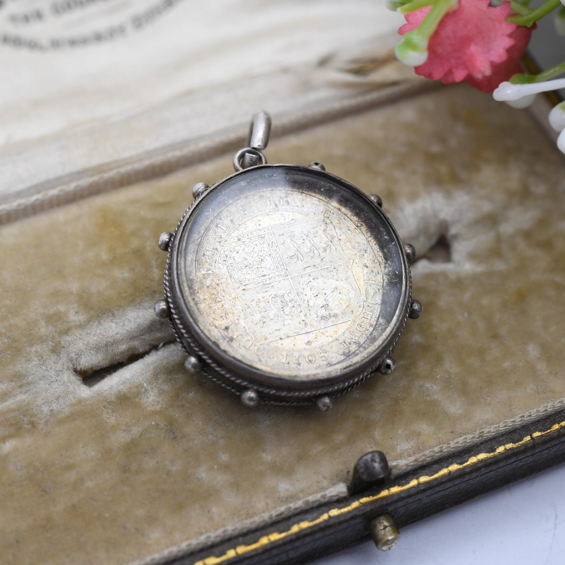 Antique Victorian Silver Coin Fob Pendant 1887 Shilling in Glass Locket Mount 1900 - Rope Twist and Granulated Edges Nautical Style
