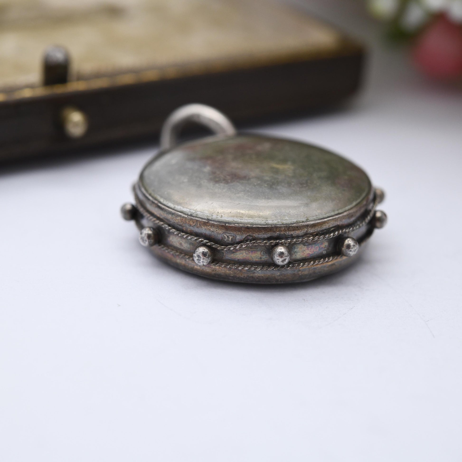 Antique Victorian Silver Coin Fob Pendant 1887 Shilling in Glass Locket Mount 1900 - Rope Twist and Granulated Edges Nautical Style