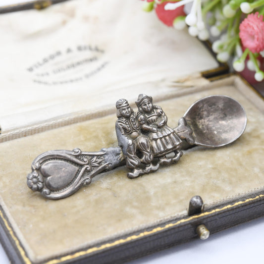 Vintage Sterling Silver Couple Sitting on a Spoon Brooch - Souvenir Teaspoon Cutlery Silver Jewellery | Detailed People in Traditional Dress
