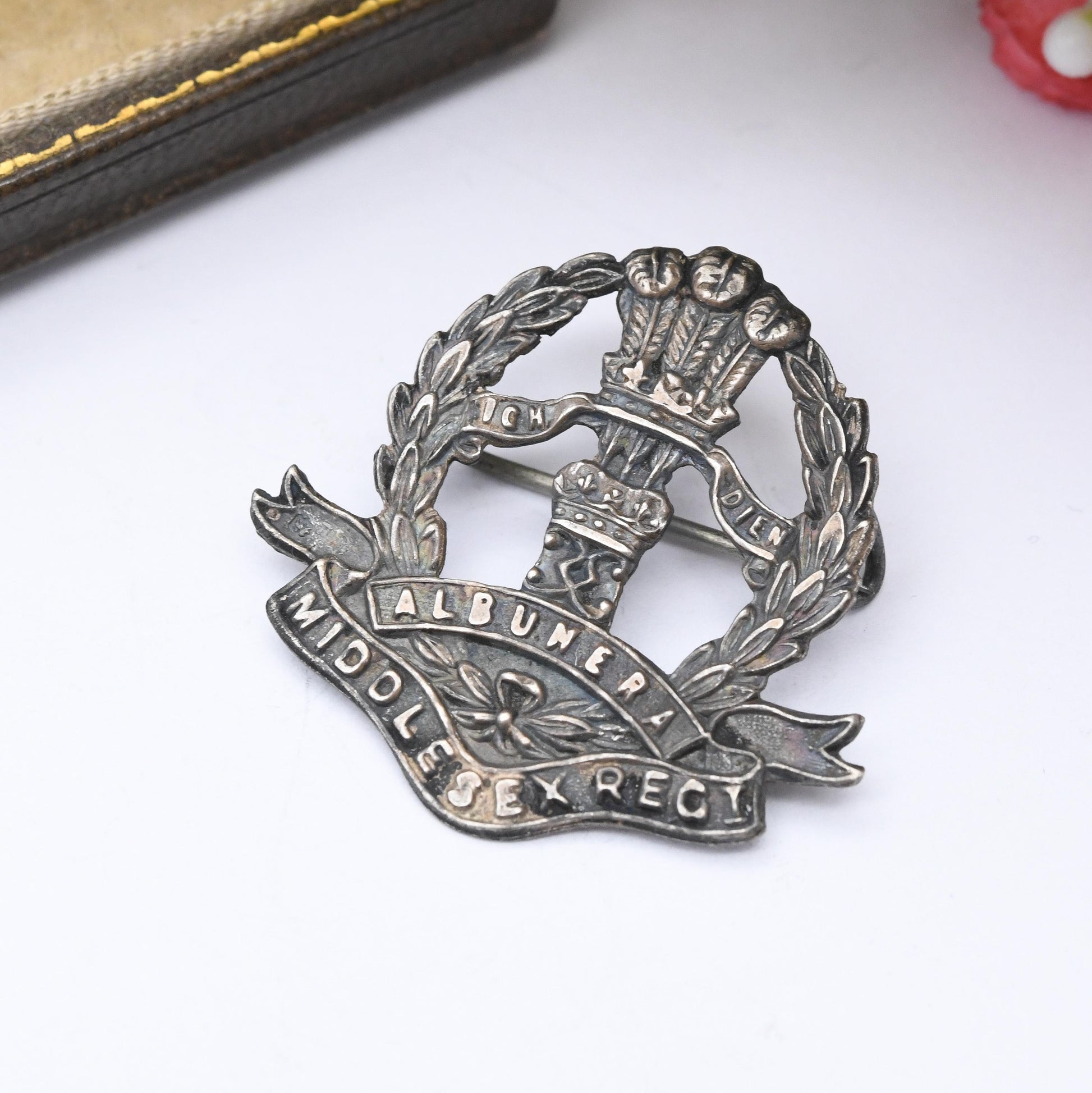 Antique Sterling Silver Middlesex Regiment Sweetheart Brooch Albuhera 1916 - British Army Infantry | Ich Dien Prince of Wales Feathers