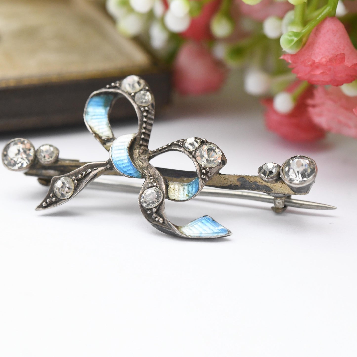 Antique European Silver Enamel Paste Bow Brooch - Blue White Ribbons | Edwardian Era Pretty Jewellery Gift for Her | Bar Brooch