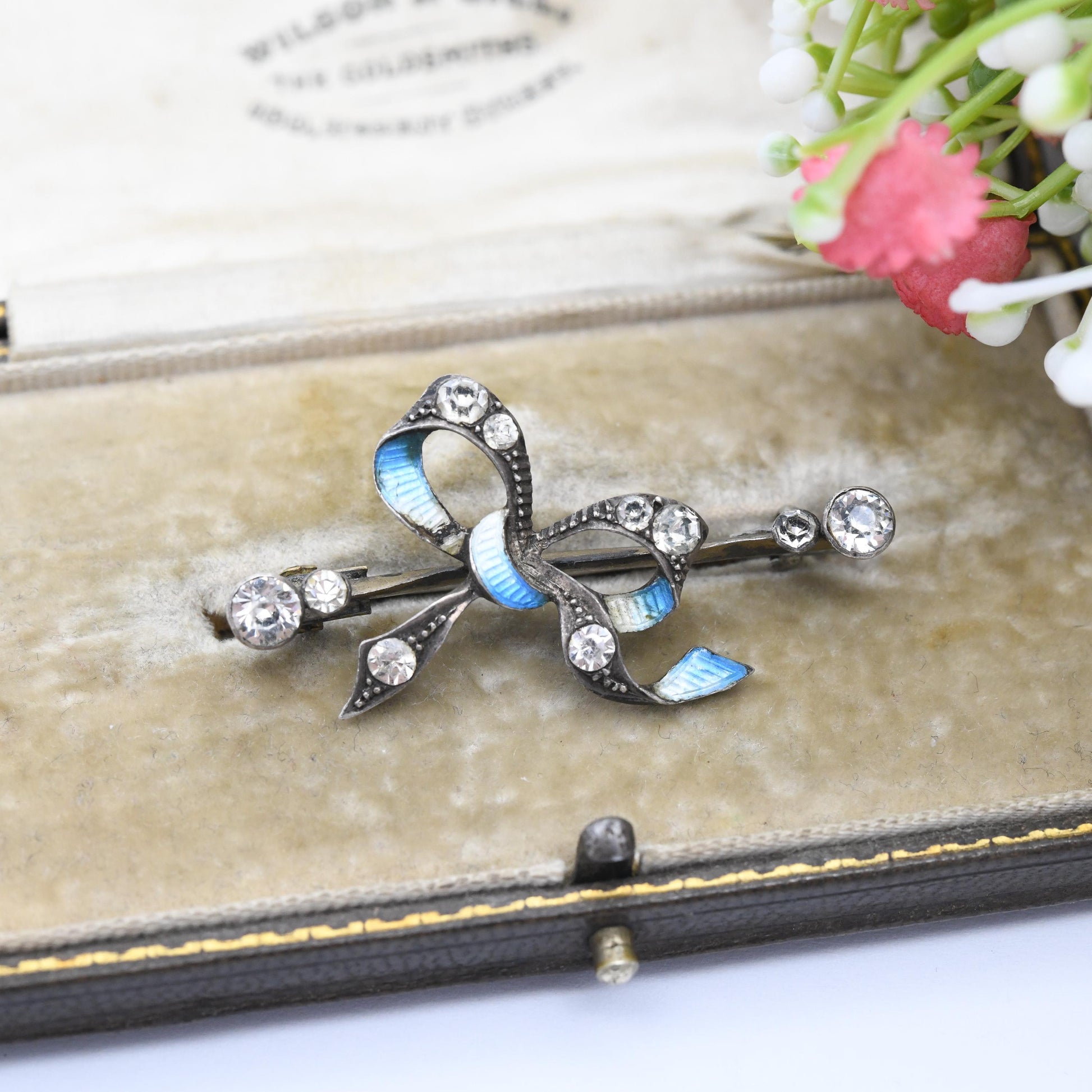Antique European Silver Enamel Paste Bow Brooch - Blue White Ribbons | Edwardian Era Pretty Jewellery Gift for Her | Bar Brooch