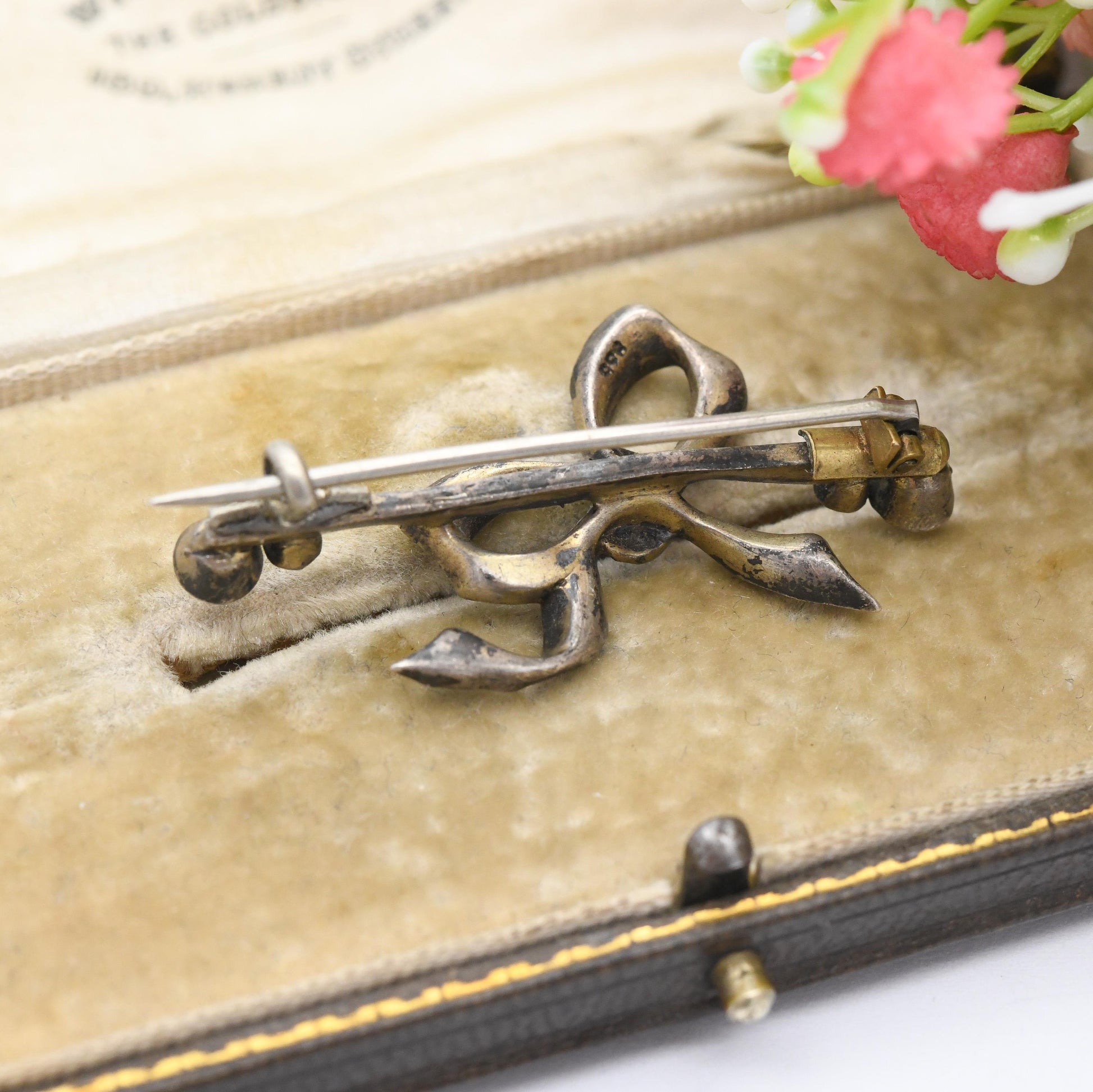 Antique European Silver Enamel Paste Bow Brooch - Blue White Ribbons | Edwardian Era Pretty Jewellery Gift for Her | Bar Brooch