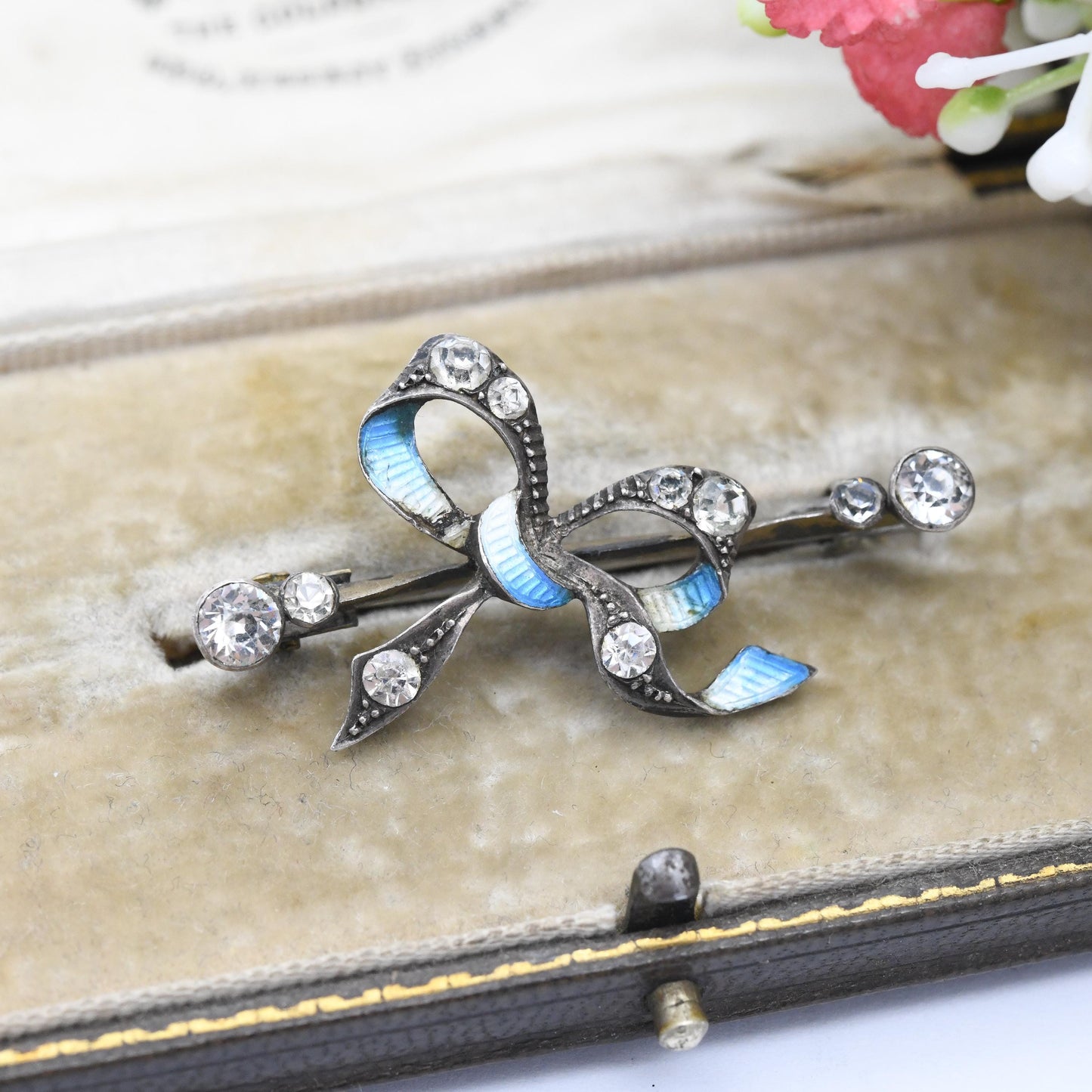 Antique European Silver Enamel Paste Bow Brooch - Blue White Ribbons | Edwardian Era Pretty Jewellery Gift for Her | Bar Brooch