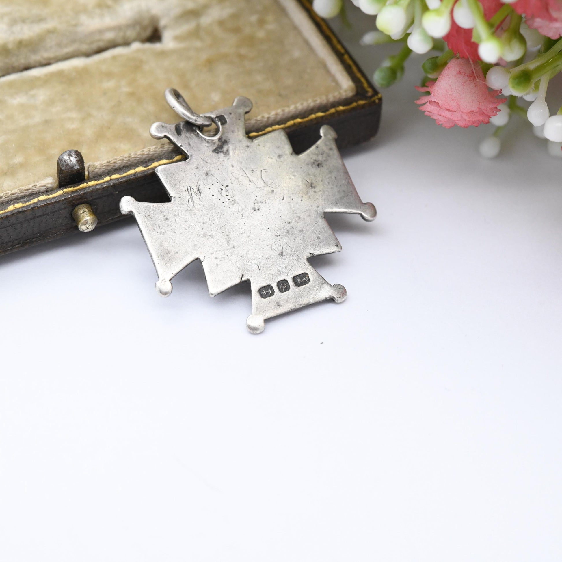 Antique Victorian Sterling Silver Watch Fob 1889 Square Cross with Lake Swimming Scene