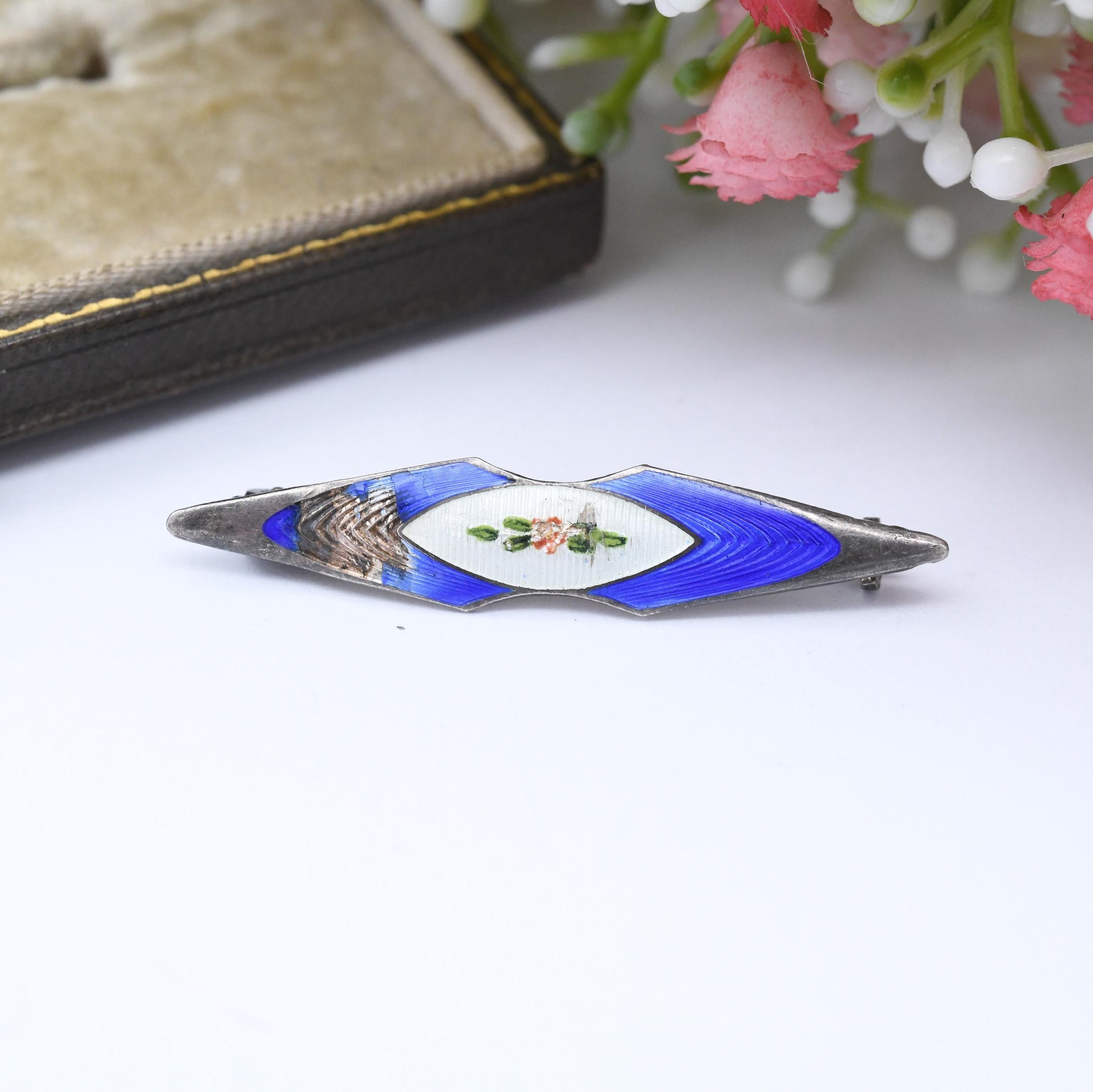 Antique Sterling Silver Guilloche Enamel Flower Bar Brooch by John Atkins and Son JA&S 1912