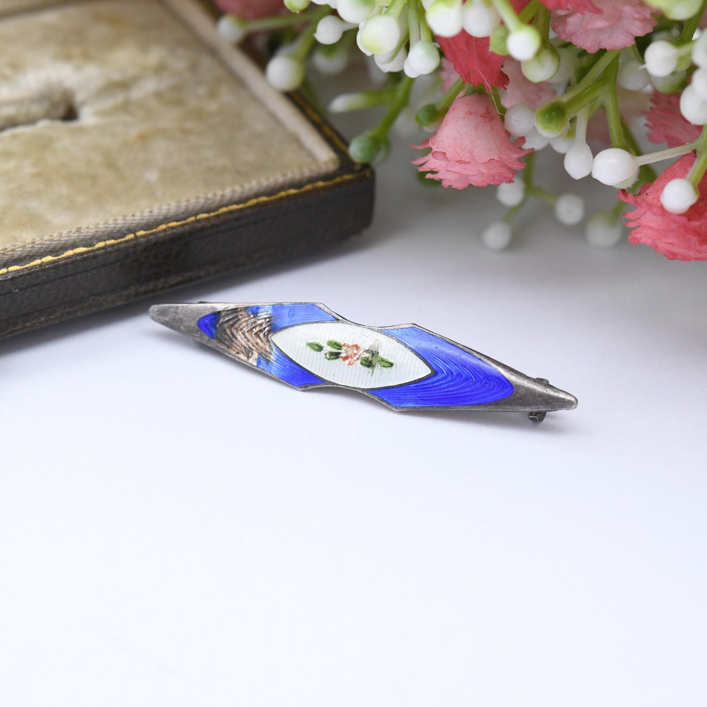 Antique Sterling Silver Guilloche Enamel Flower Bar Brooch by John Atkins and Son JA&S 1912