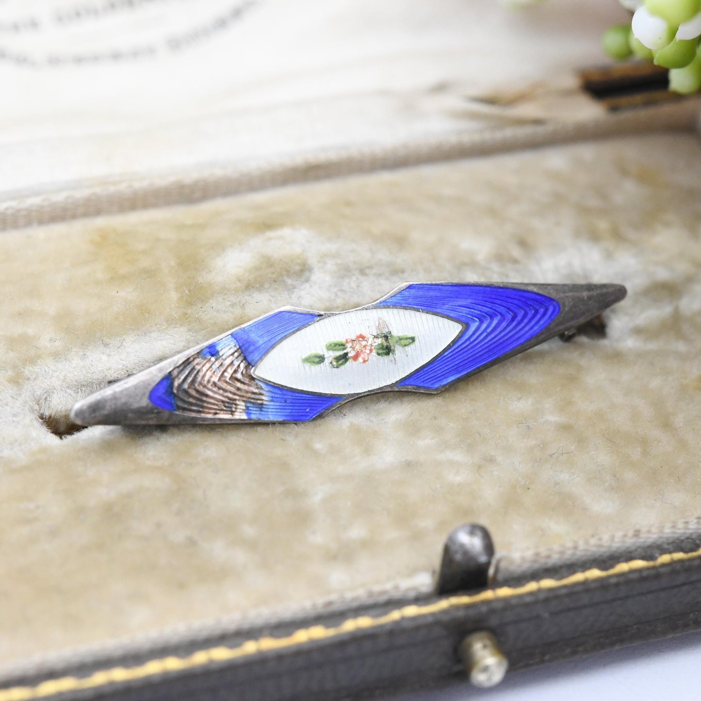 Antique Sterling Silver Guilloche Enamel Flower Bar Brooch by John Atkins and Son JA&S 1912