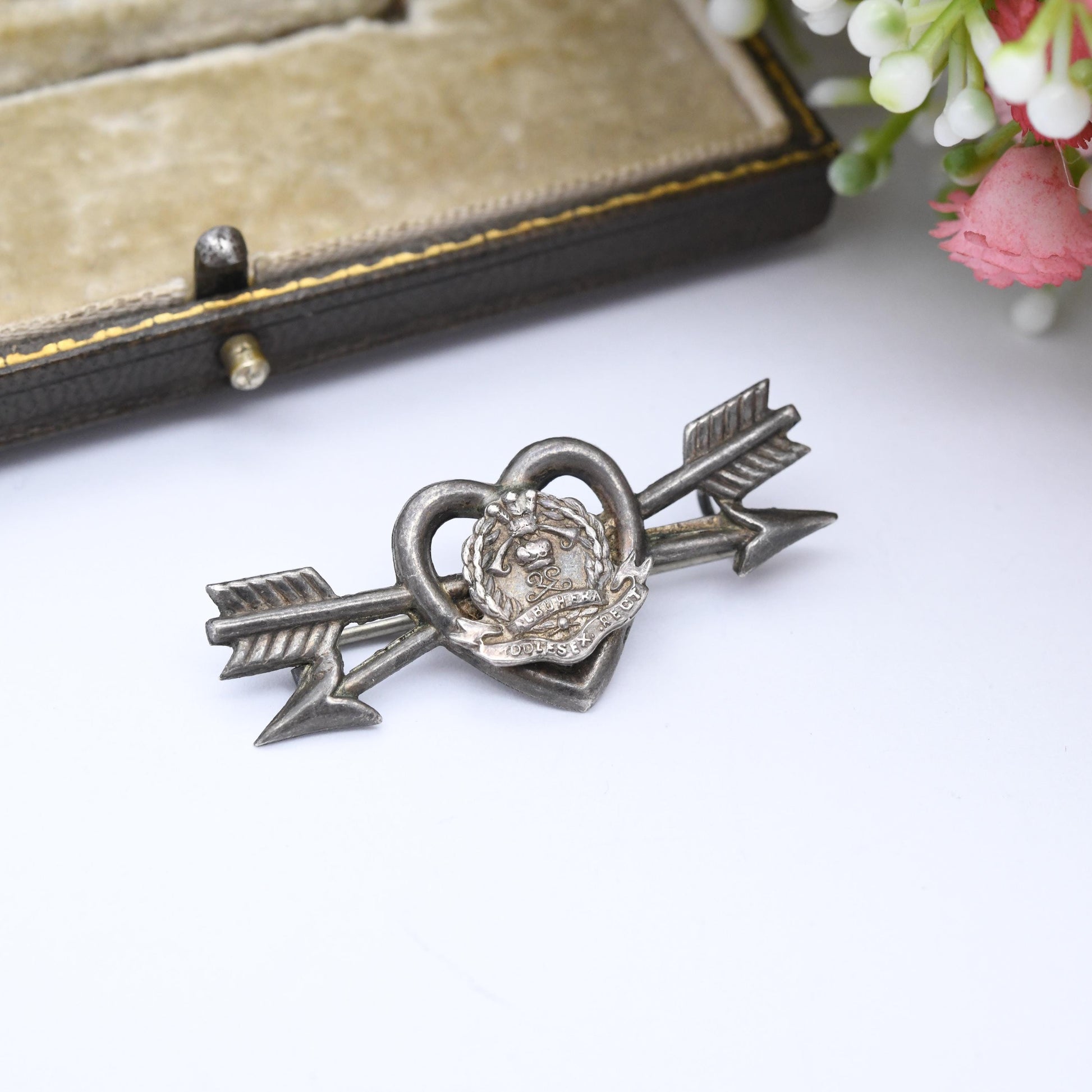 Antique Sterling Silver Middlesex Regiment Sweetheart Brooch Albuhera 1916 - British Army Infantry | Crossed Arrows Through Love Heart