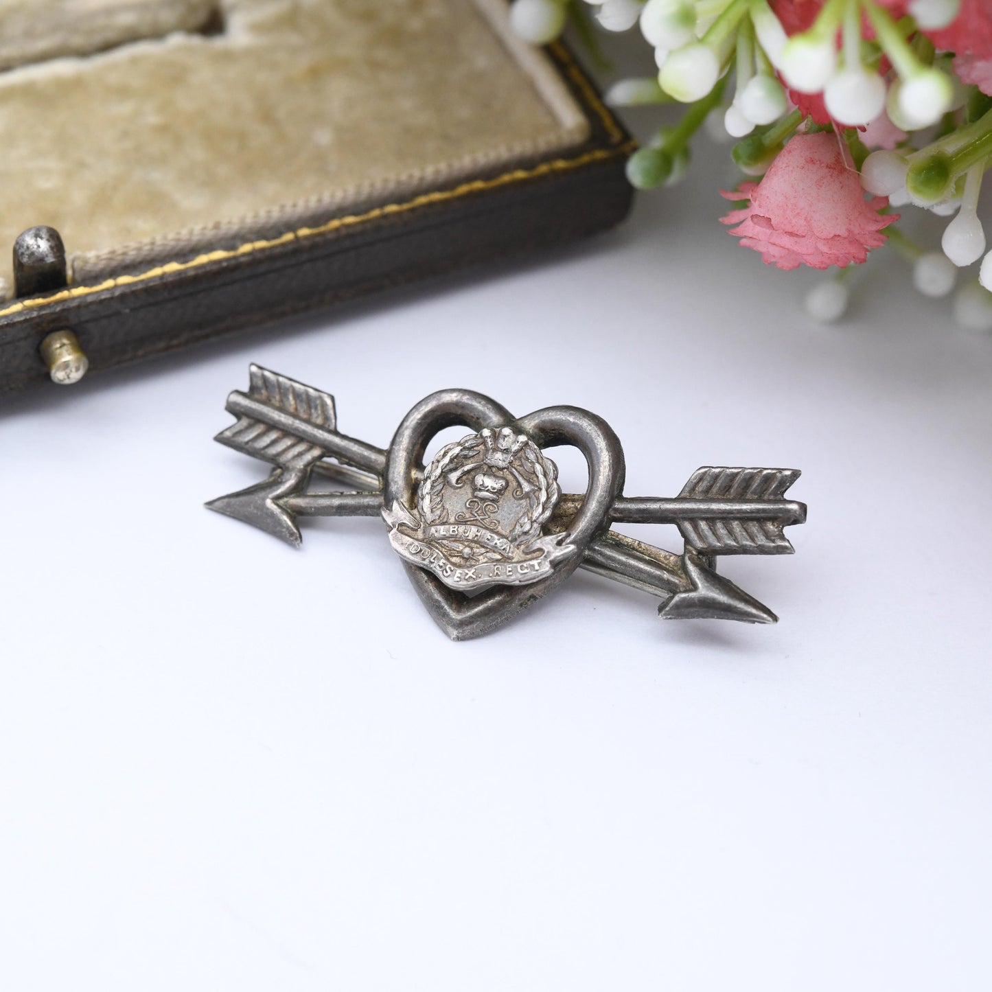 Antique Sterling Silver Middlesex Regiment Sweetheart Brooch Albuhera 1916 - British Army Infantry | Crossed Arrows Through Love Heart