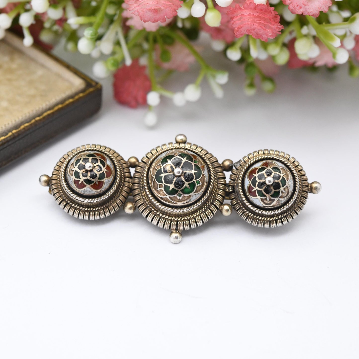 Antique Norwegian Silver Champlevé Enamel Brooch c. 1910s - Three Ball Bar Brooch Ornate Detail Edwardian Era Scandinavian Silver Jewellery
