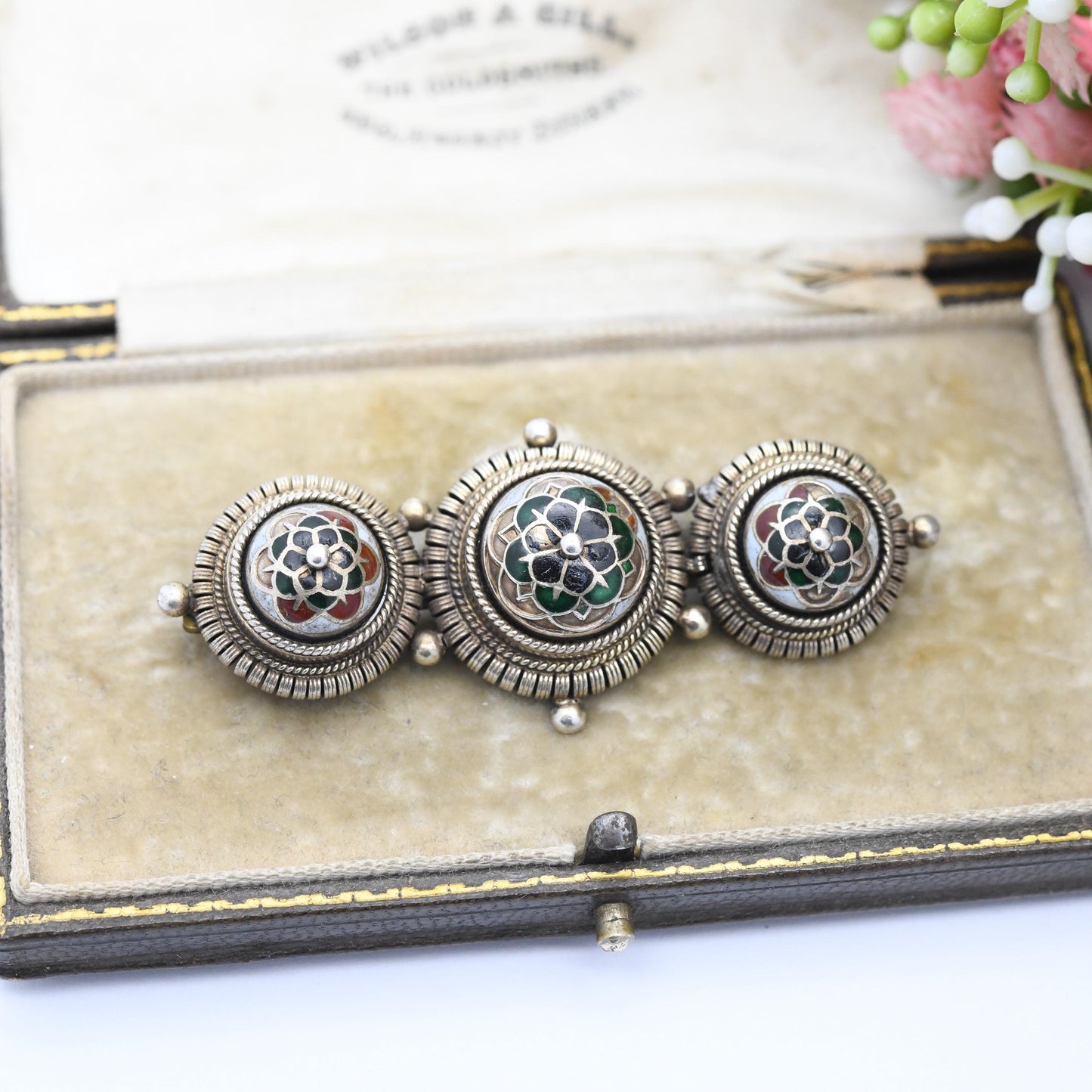 Antique Norwegian Silver Champlevé Enamel Brooch c. 1910s - Three Ball Bar Brooch Ornate Detail Edwardian Era Scandinavian Silver Jewellery