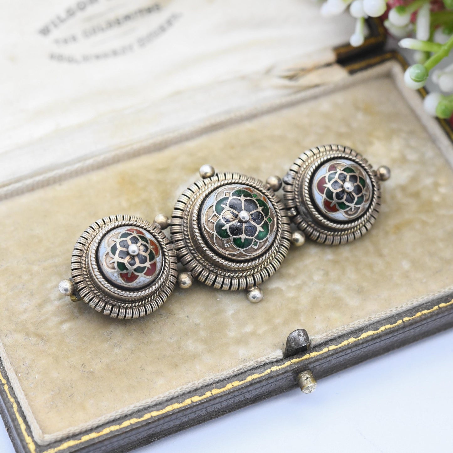 Antique Norwegian Silver Champlevé Enamel Brooch c. 1910s - Three Ball Bar Brooch Ornate Detail Edwardian Era Scandinavian Silver Jewellery