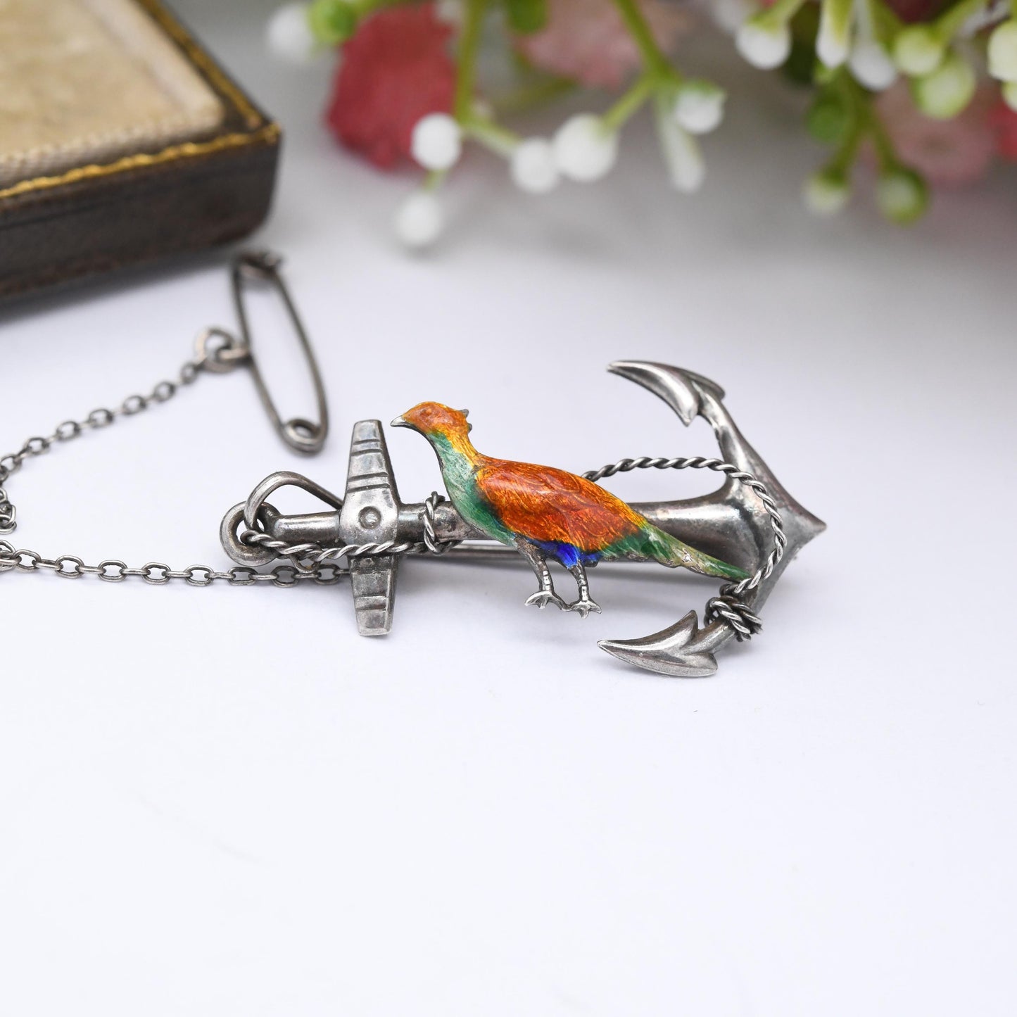 Antique Enamel Pheasant and Anchor Brooch Sterling Silver - Colourful Painted Bird with Hope's Anchor | Victorian Edwardian Era c. 1900