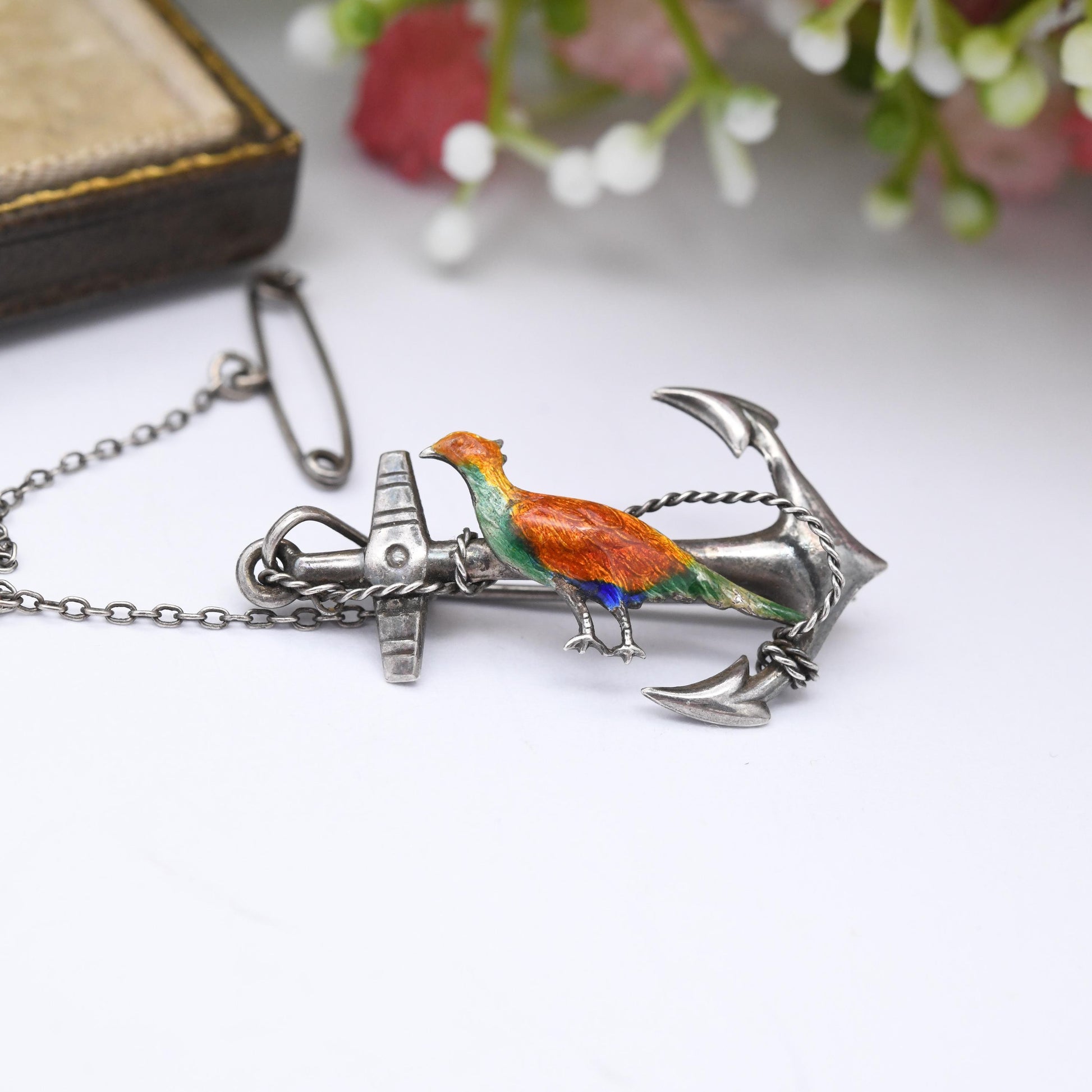 Antique Enamel Pheasant and Anchor Brooch Sterling Silver - Colourful Painted Bird with Hope's Anchor | Victorian Edwardian Era c. 1900